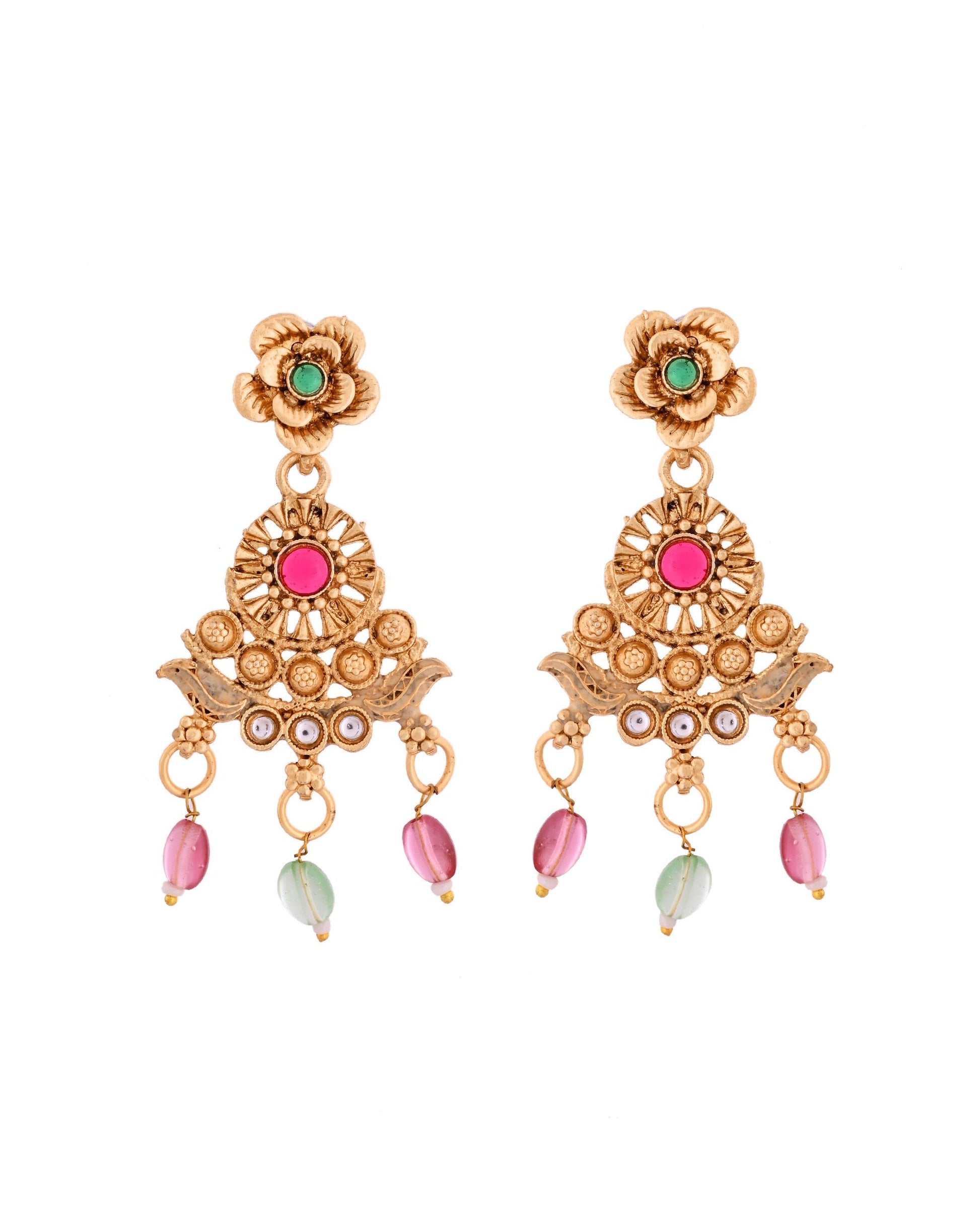 VOJ Gold Polished Traditional Long Necklace With Earrings Set 