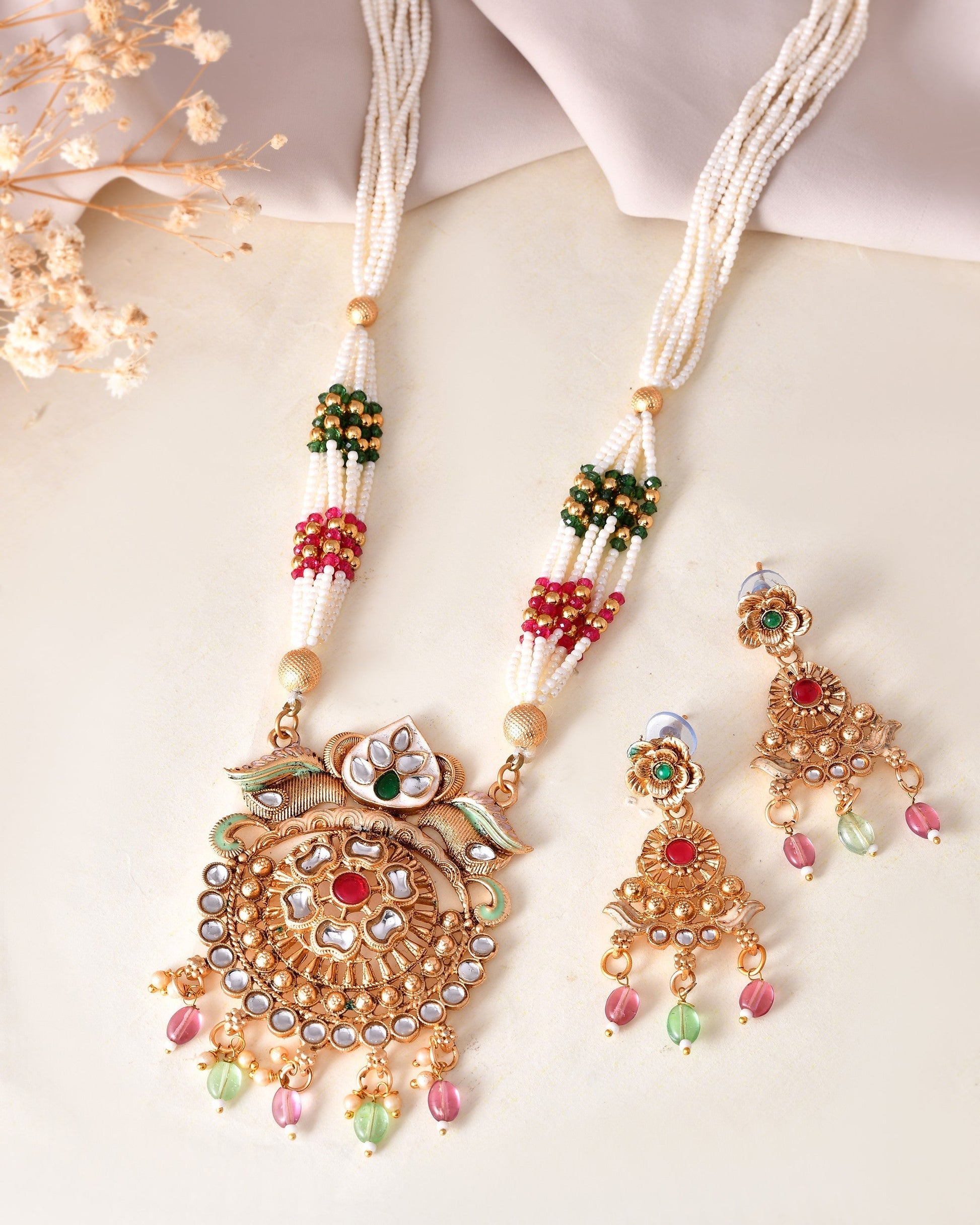 VOJ Gold Polished Traditional Long Necklace With Earrings Set 