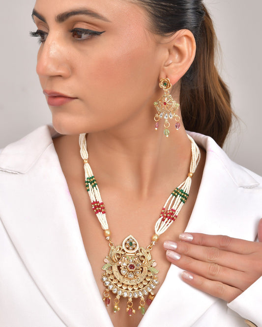 VOJ Gold Polished Traditional Circular Shaped Long Necklace With Earrings Set 