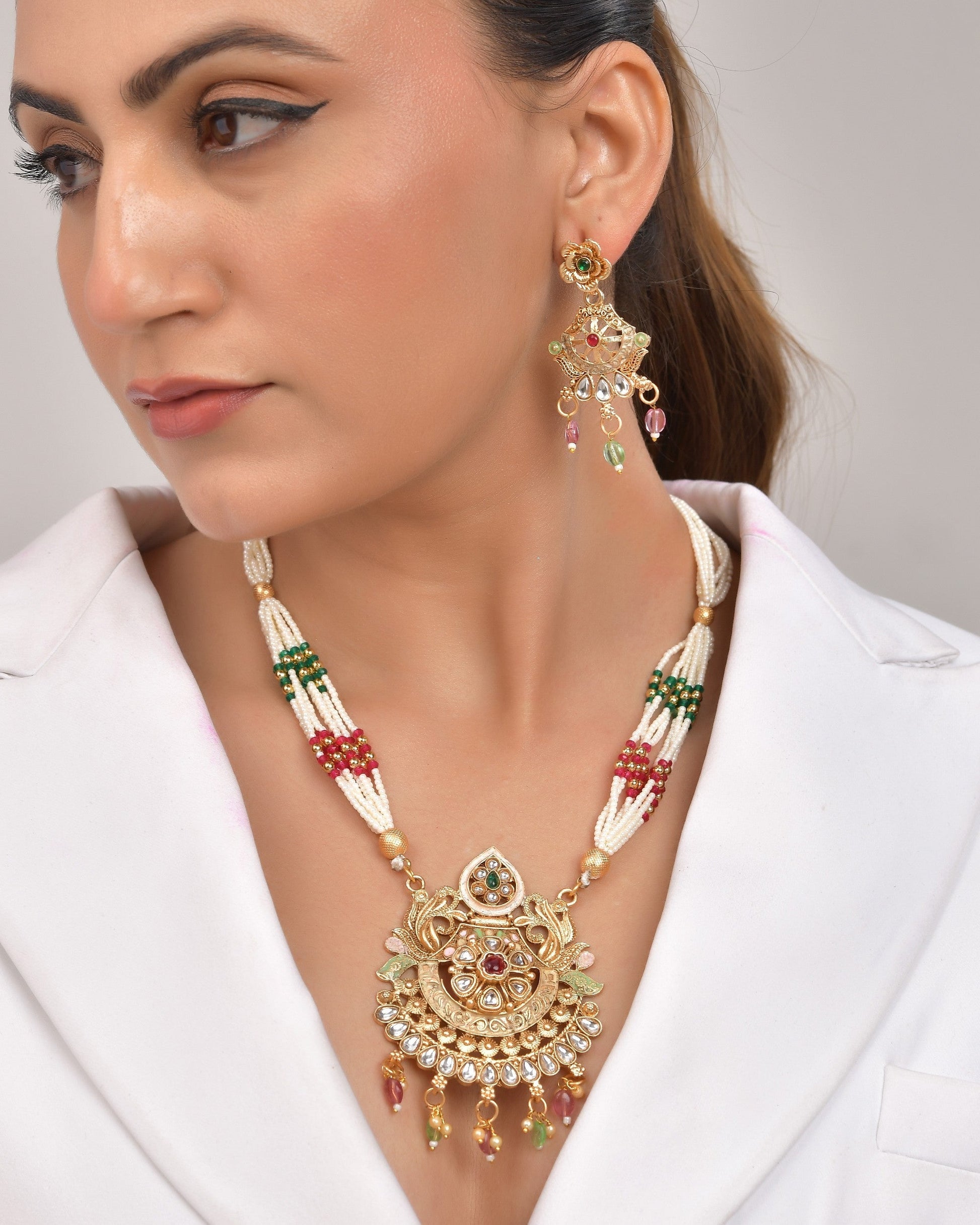 VOJ Gold Polished Traditional Circular Shaped Long Necklace With Earrings Set 
