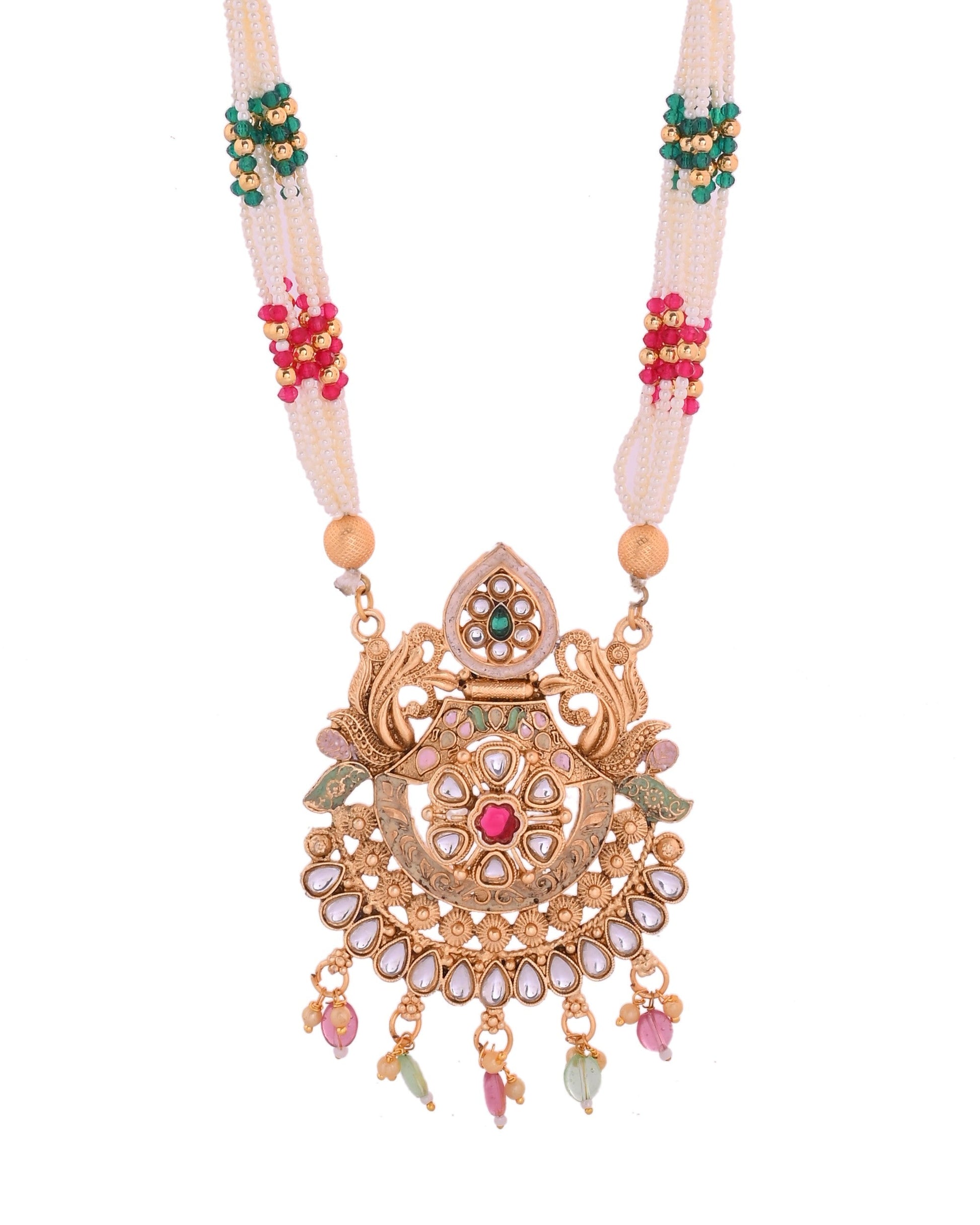 VOJ Gold Polished Traditional Circular Shaped Long Necklace With Earrings Set 