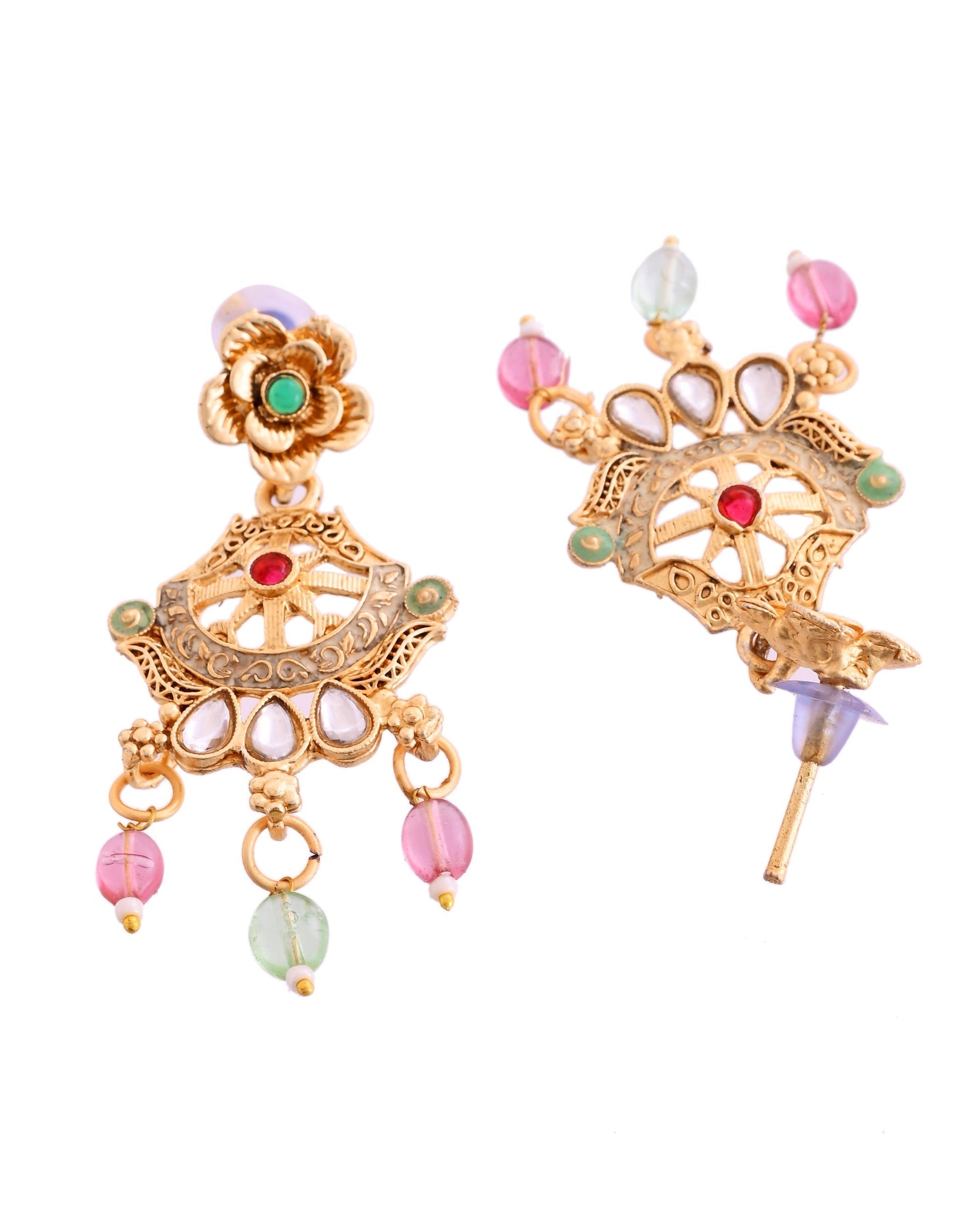 VOJ Gold Polished Traditional Circular Shaped Long Necklace With Earrings Set 
