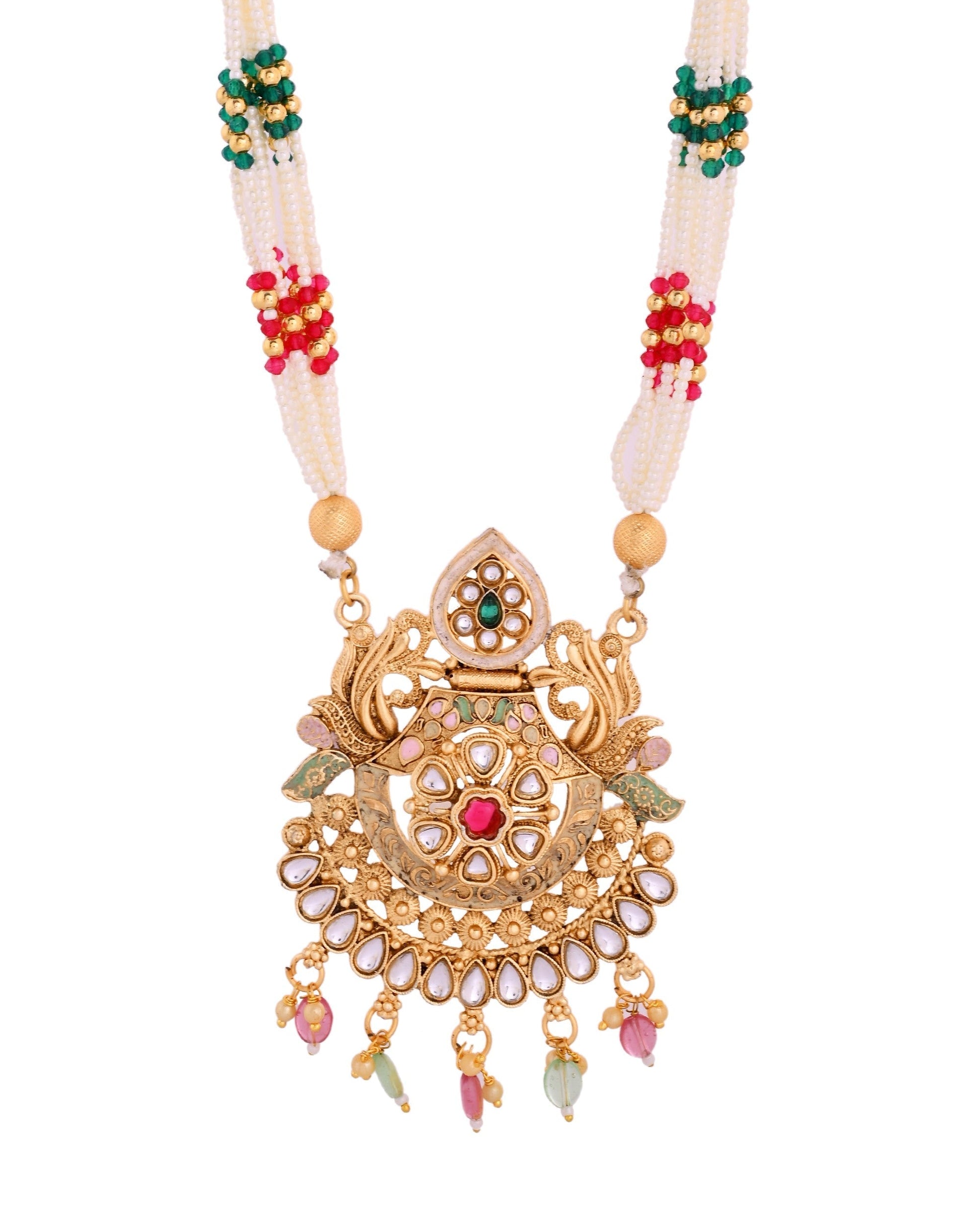 VOJ Gold Polished Traditional Circular Shaped Long Necklace With Earrings Set 
