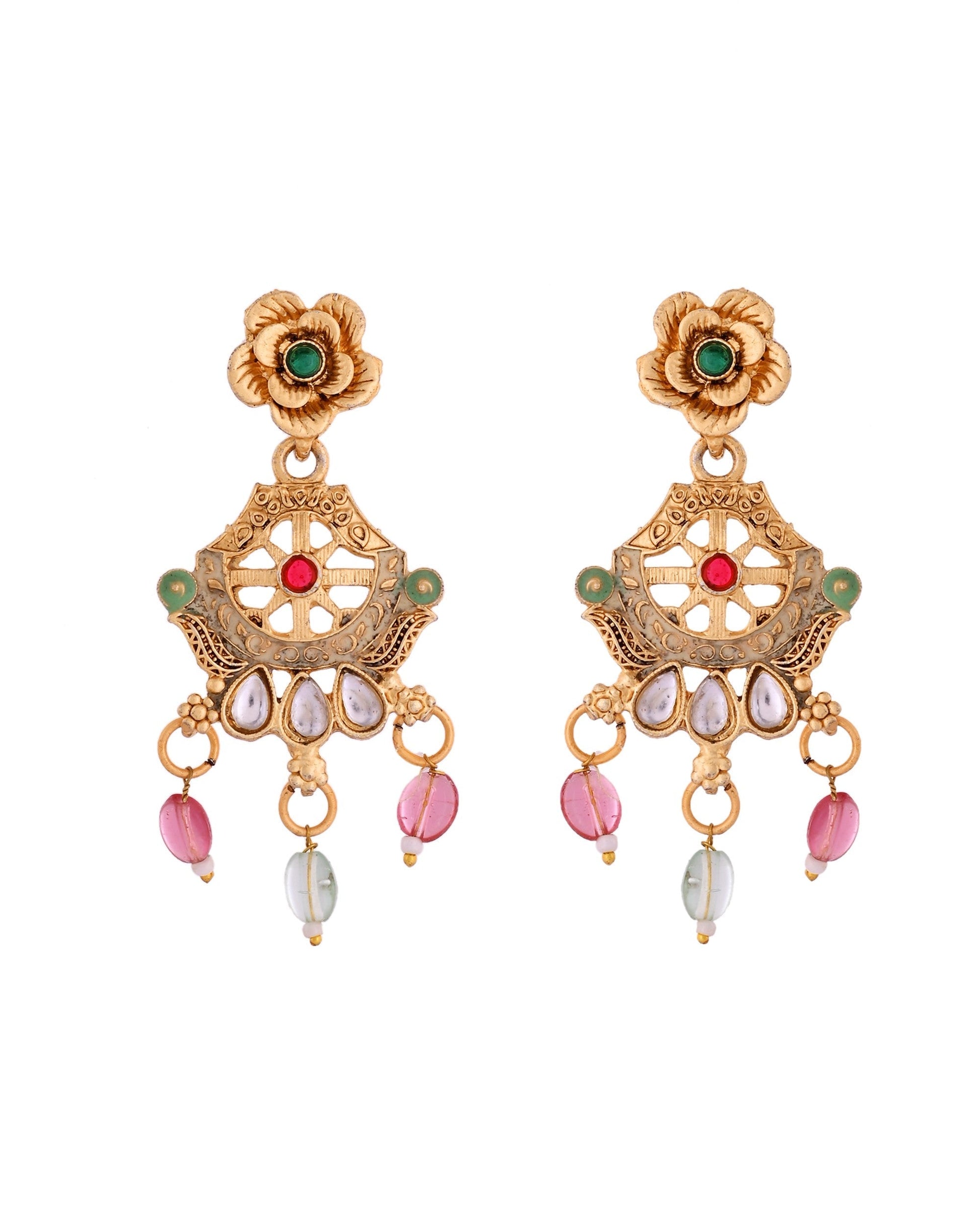 VOJ Gold Polished Traditional Circular Shaped Long Necklace With Earrings Set 