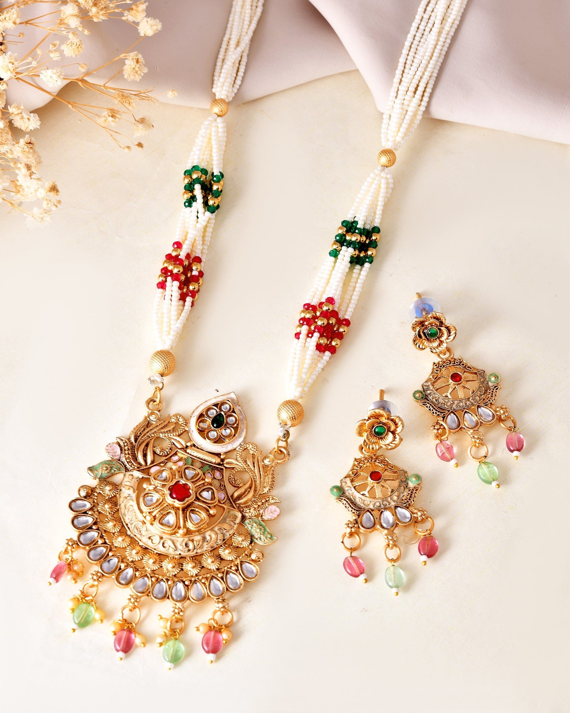 VOJ Gold Polished Traditional Circular Shaped Long Necklace With Earrings Set 