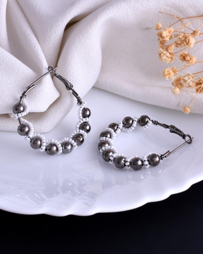 VOJ White Pearl With Silver Bead Hoop Earrings - Grab2buy