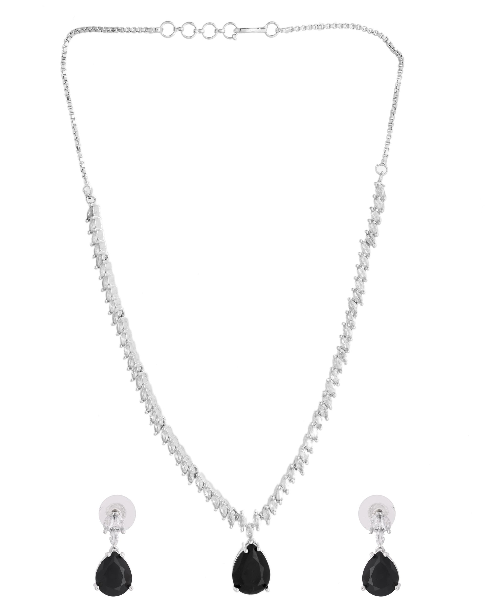 VOJ Silver Plated Black Teardrop Stone Studded Simple Jewellery Set 