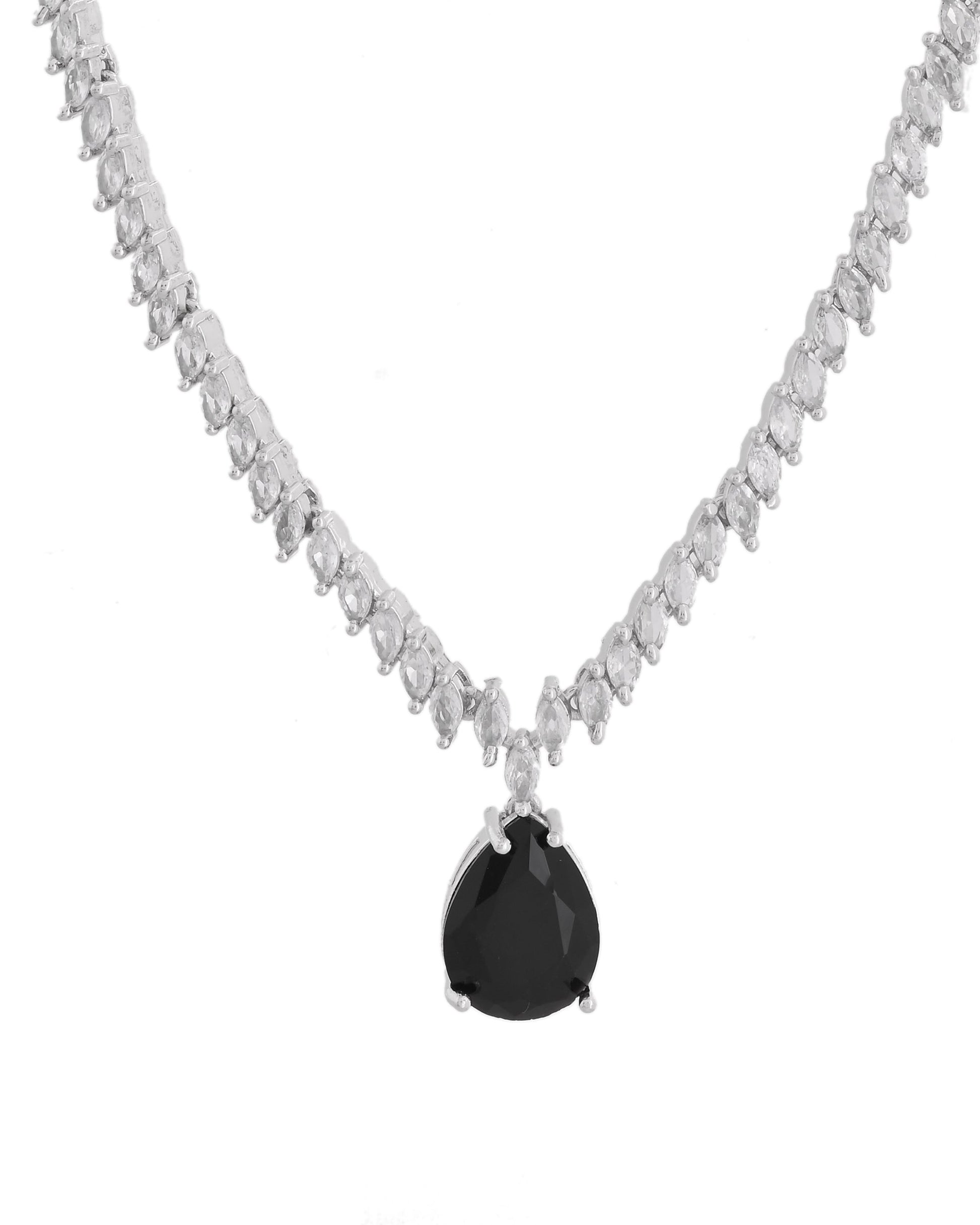 VOJ Silver Plated Black Teardrop Stone Studded Simple Jewellery Set 