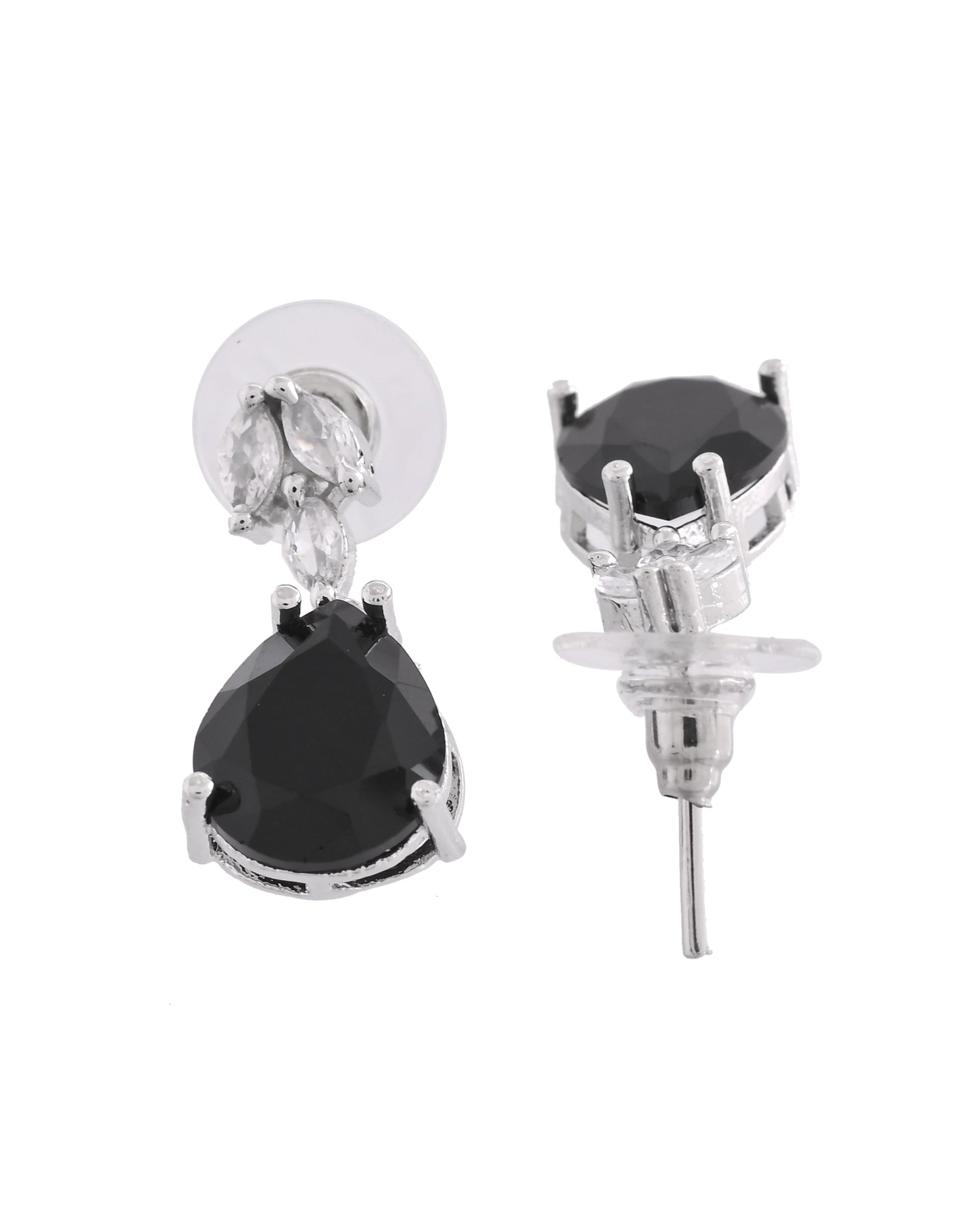 VOJ Silver Plated Black Teardrop Stone Studded Simple Jewellery Set 
