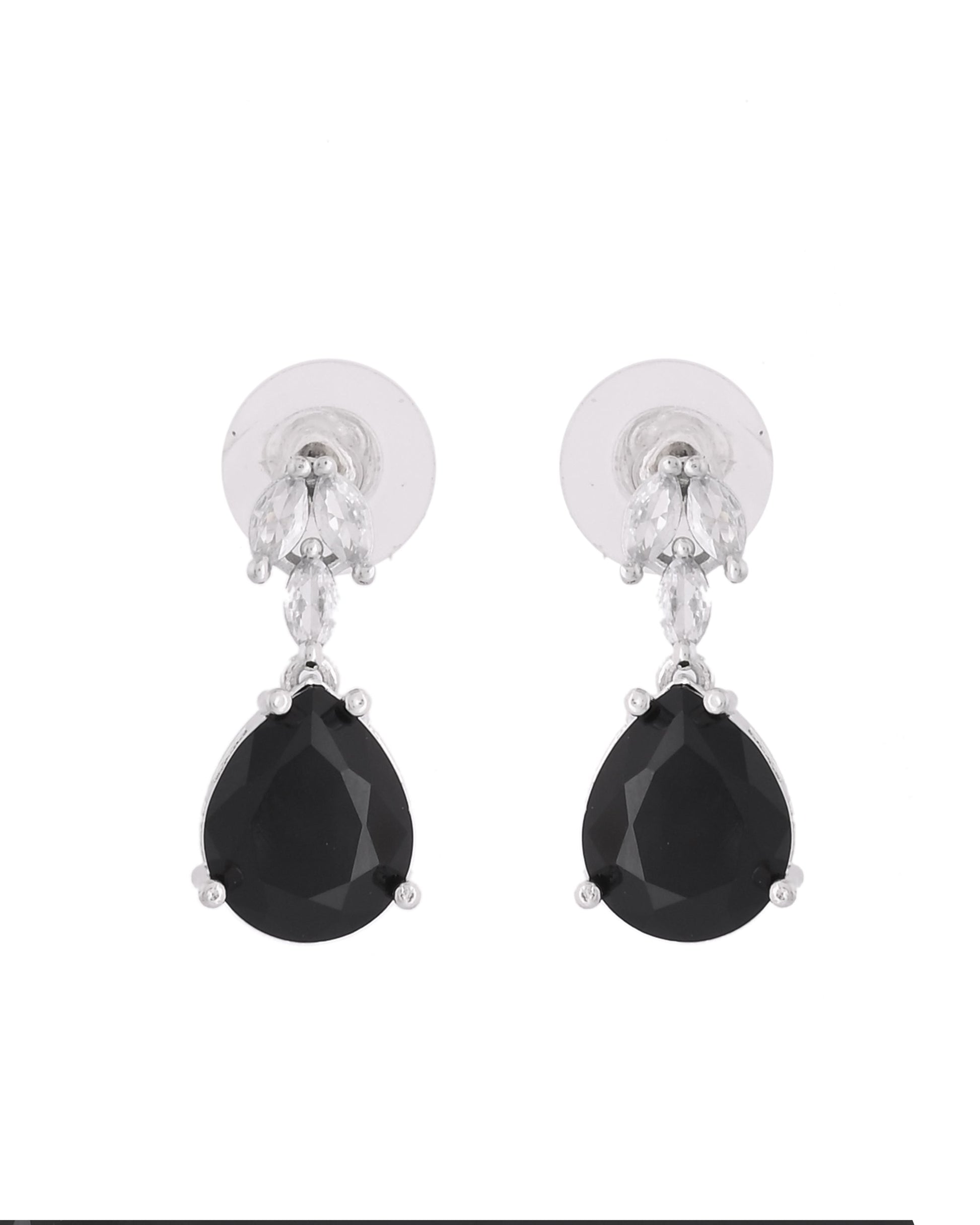 VOJ Silver Plated Black Teardrop Stone Studded Simple Jewellery Set 