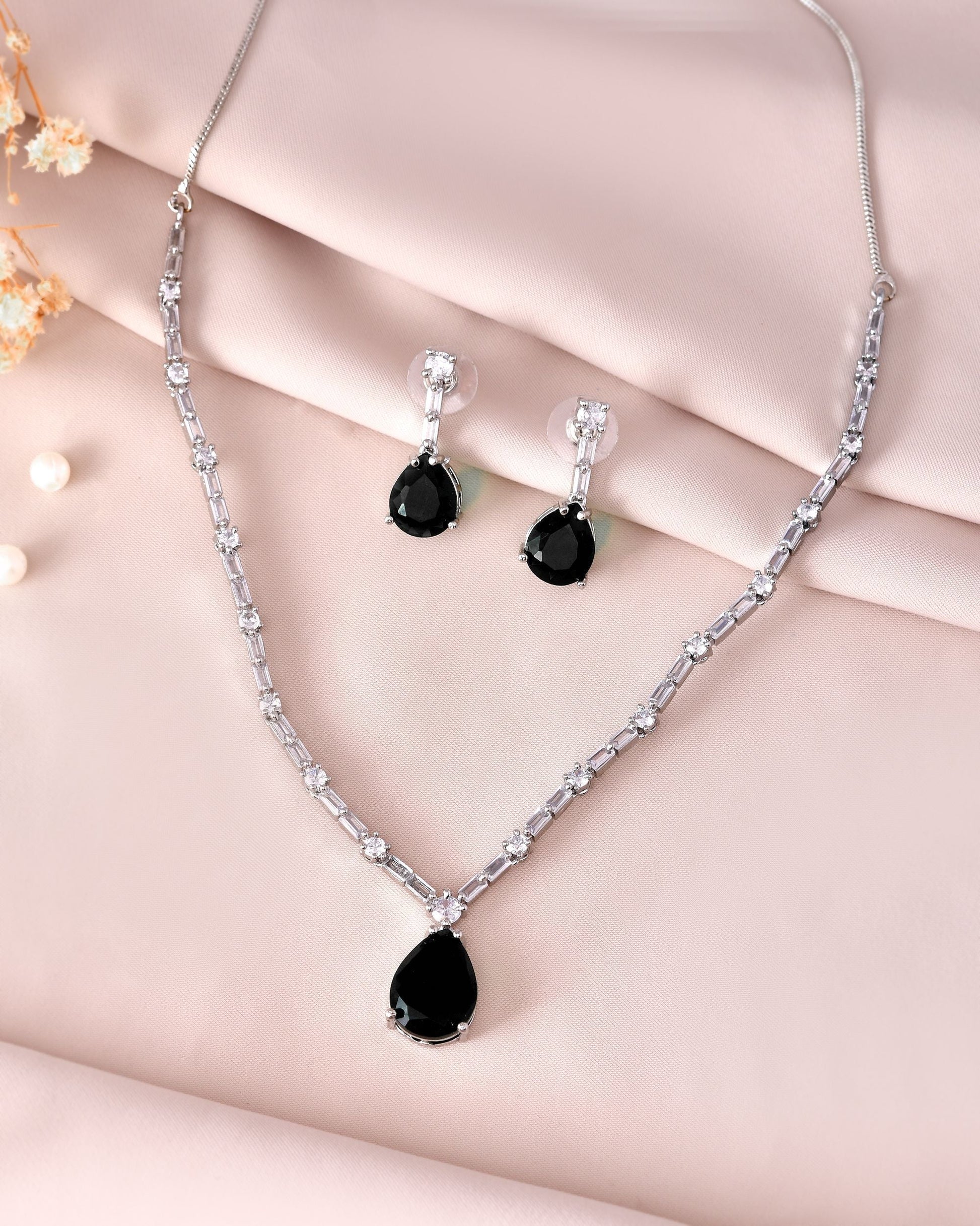 VOJ Silver Plated Black Teardrop Stone Studded Simple Jewellery Set 