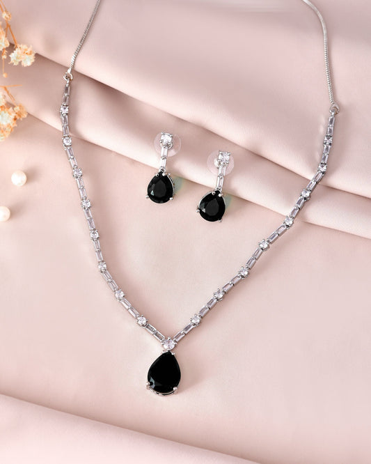 VOJ Silver Plated Black Teardrop Stone Studded Simple Jewellery Set 