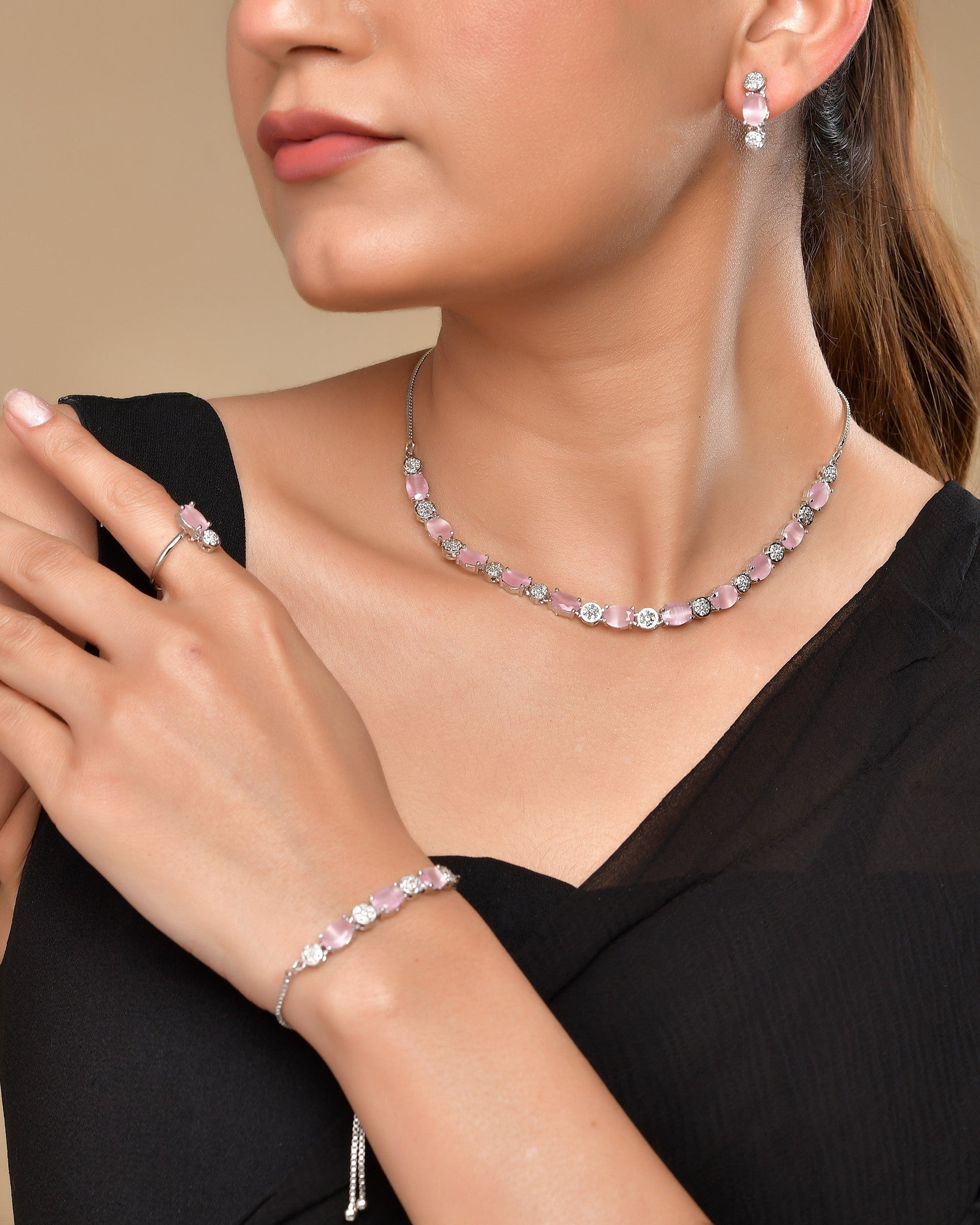 VOJ Silver Plated Baby Pink Stone Studded Necklace With Earrings, Ring And Bracelet Set 