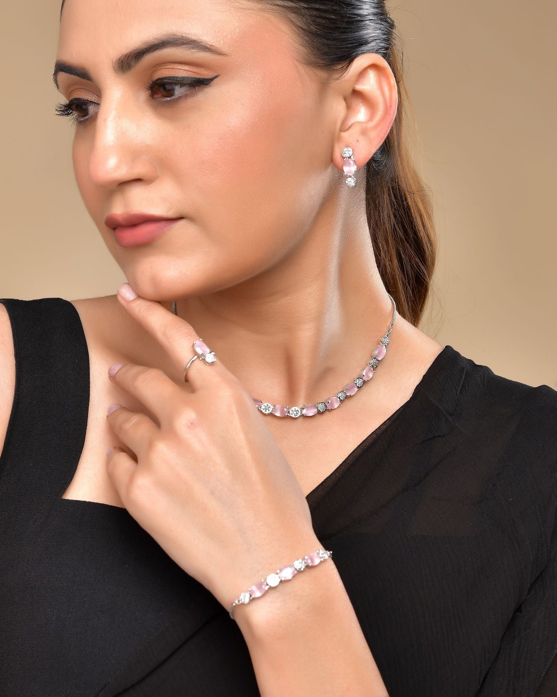 VOJ Silver Plated Baby Pink Stone Studded Necklace With Earrings, Ring And Bracelet Set 