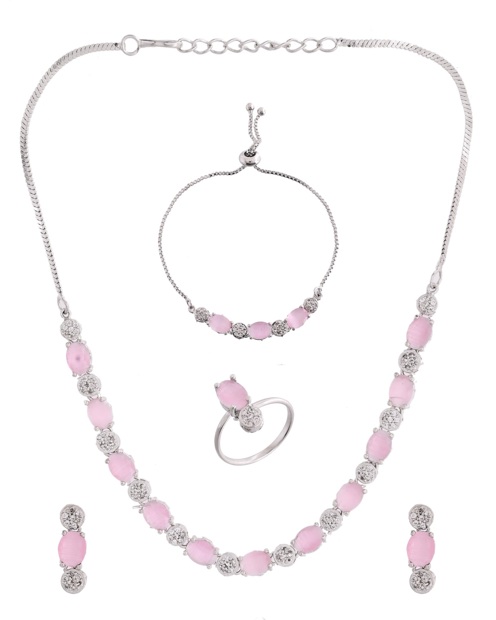 VOJ Silver Plated Baby Pink Stone Studded Necklace With Earrings, Ring And Bracelet Set 