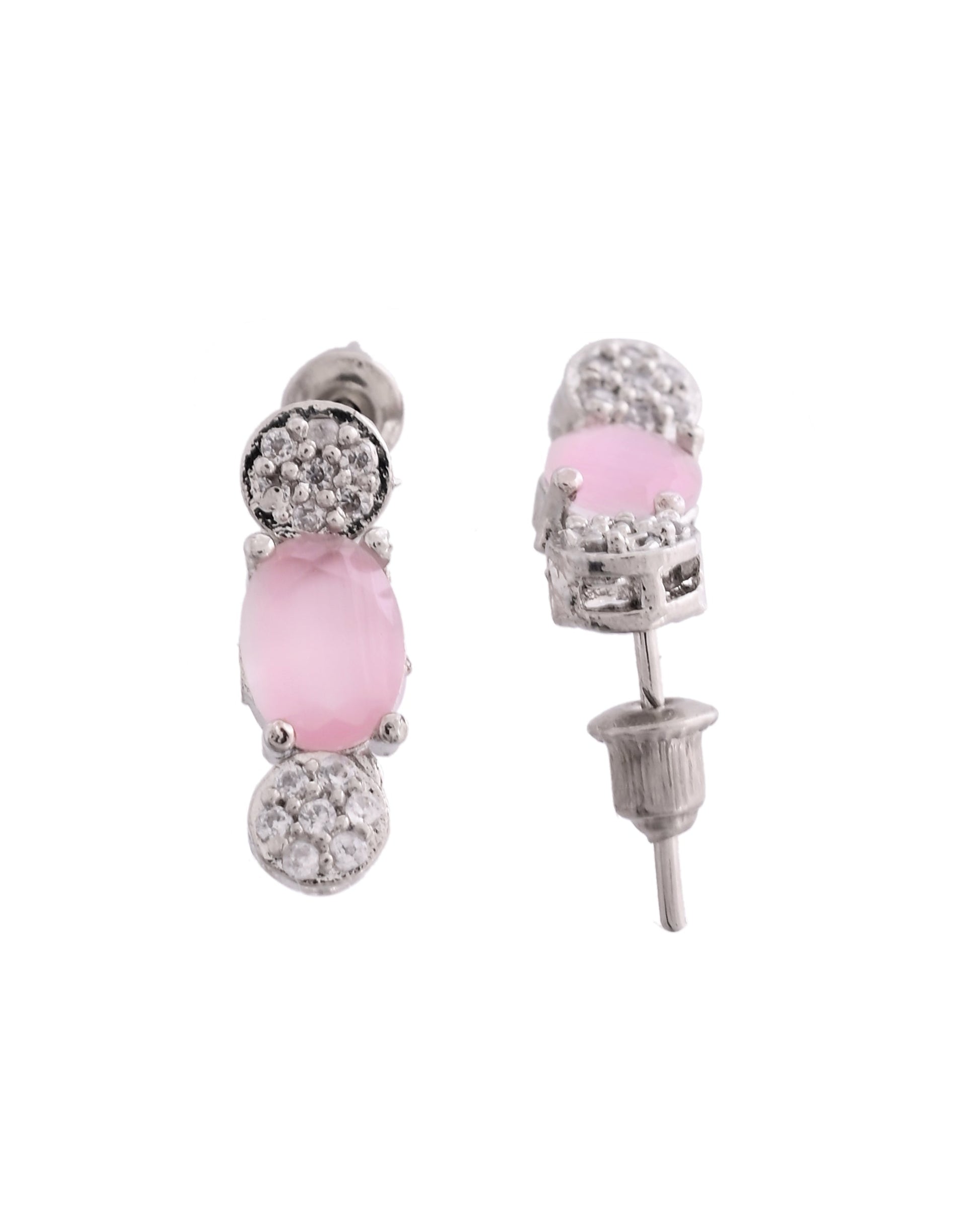 VOJ Silver Plated Baby Pink Stone Studded Necklace With Earrings, Ring And Bracelet Set 