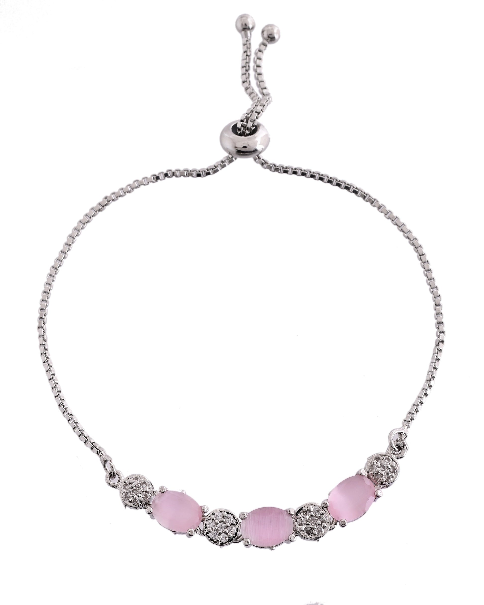 VOJ Silver Plated Baby Pink Stone Studded Necklace With Earrings, Ring And Bracelet Set 