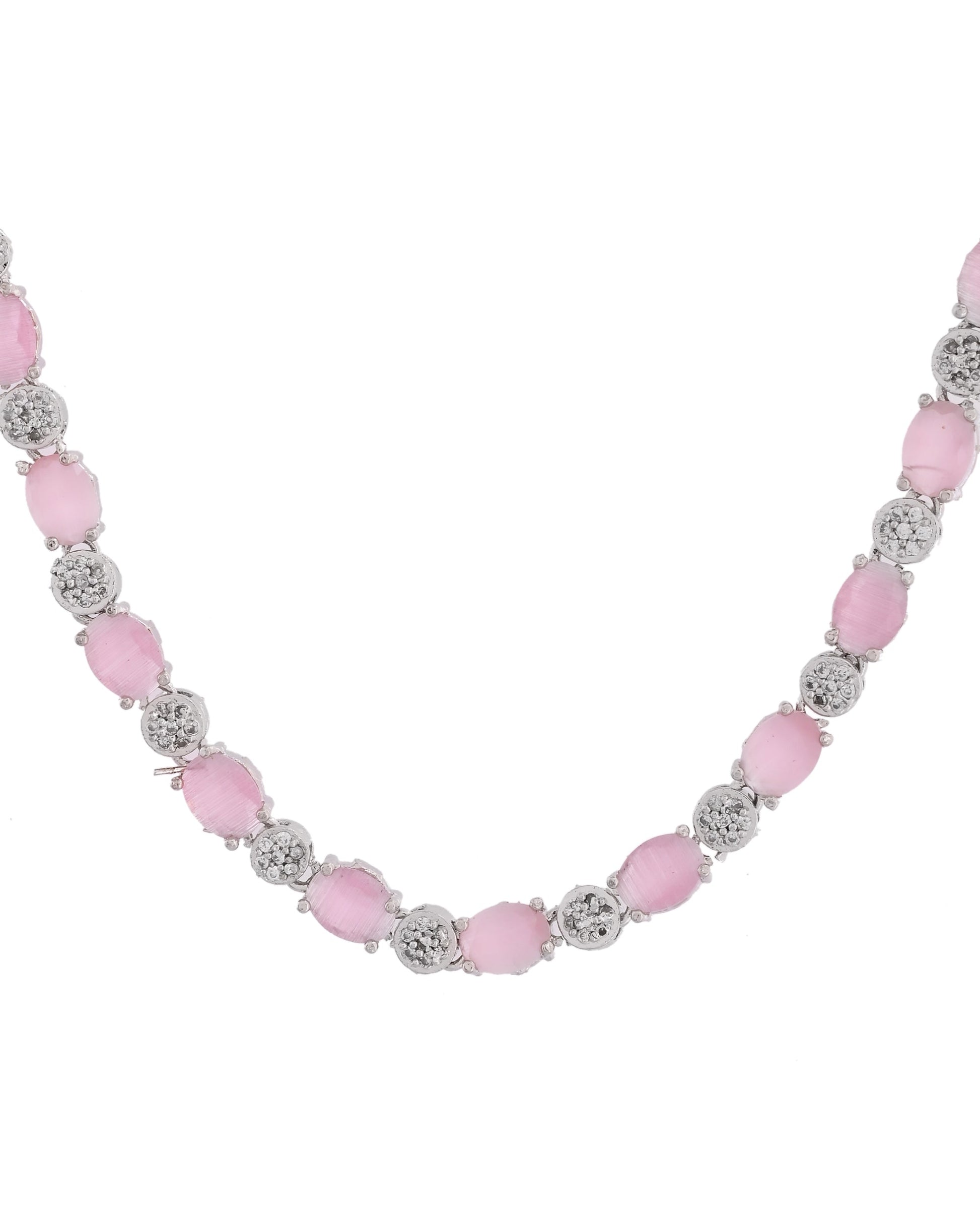 VOJ Silver Plated Baby Pink Stone Studded Necklace With Earrings, Ring And Bracelet Set 