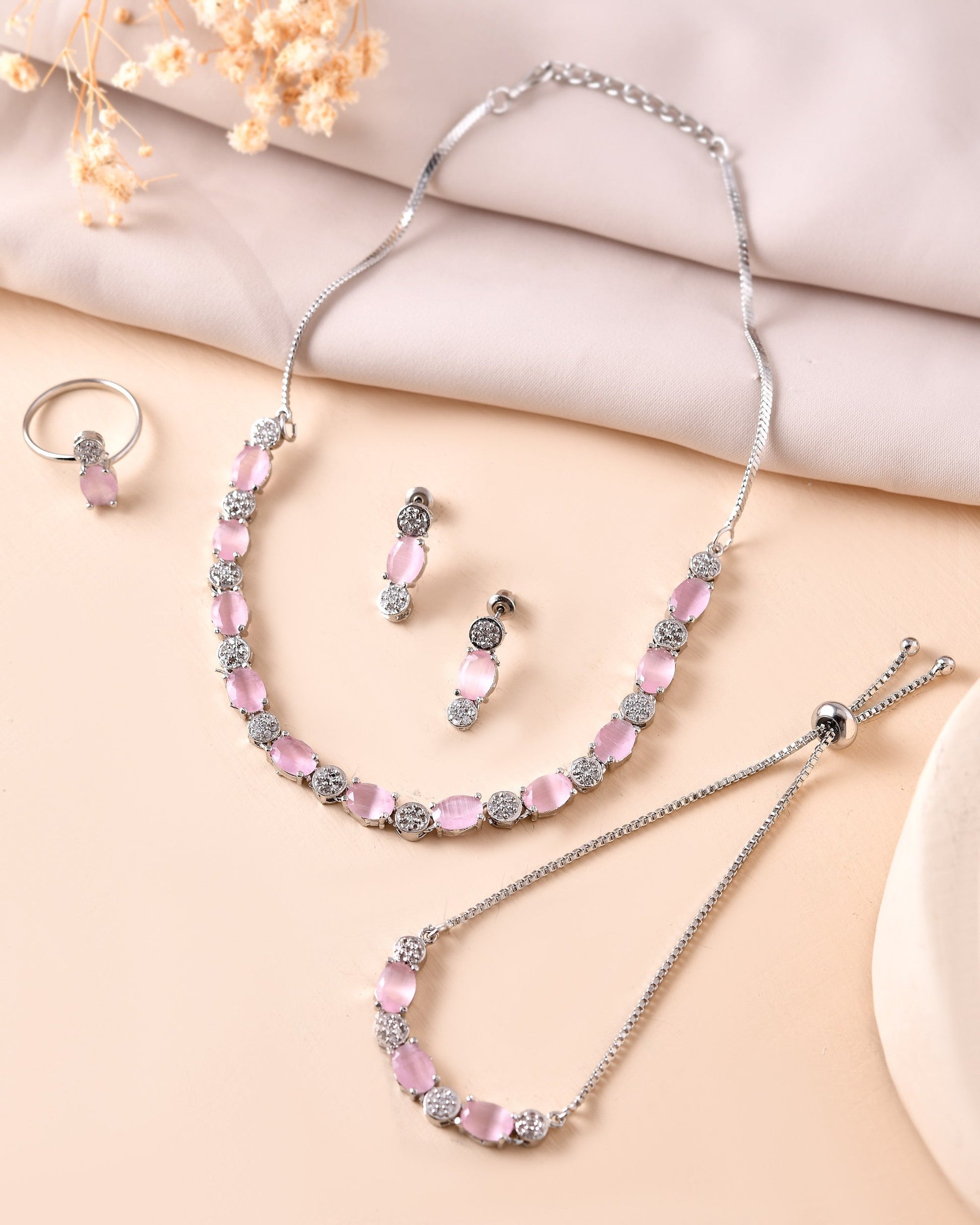 VOJ Silver Plated Baby Pink Stone Studded Necklace With Earrings, Ring And Bracelet Set 