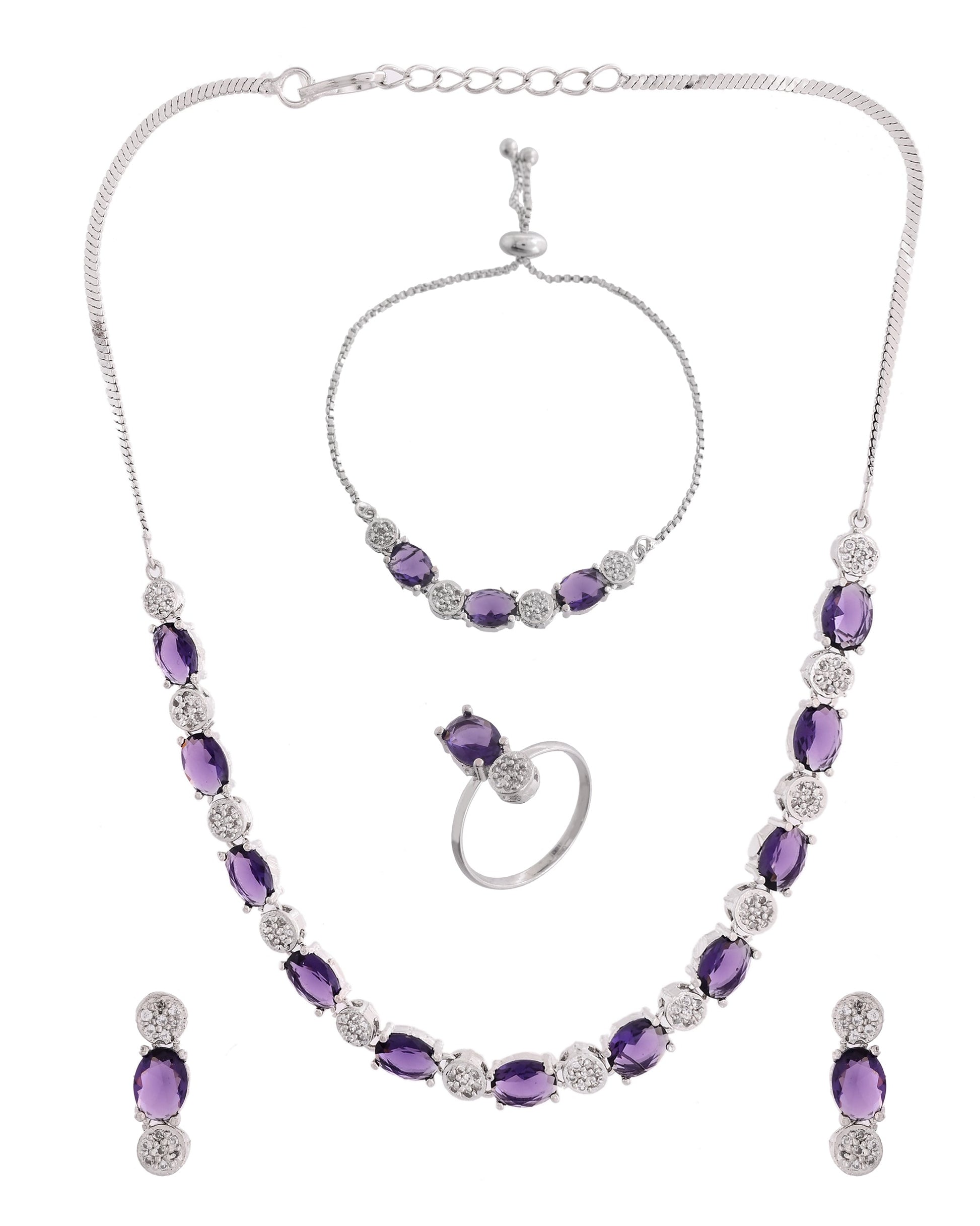 VOJ Silver Plated Purple Stone Studded Necklace With Earrings, Ring And Bracelet Set 
