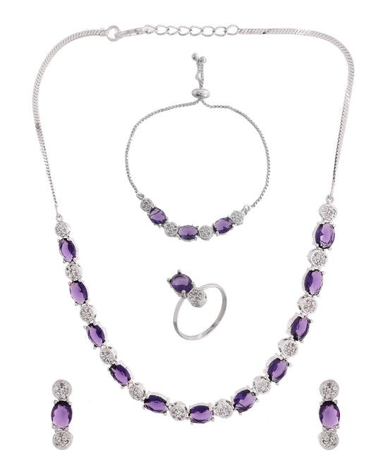 VOJ Silver Plated Purple Stone Studded Necklace With Earrings, Ring And Bracelet Set 