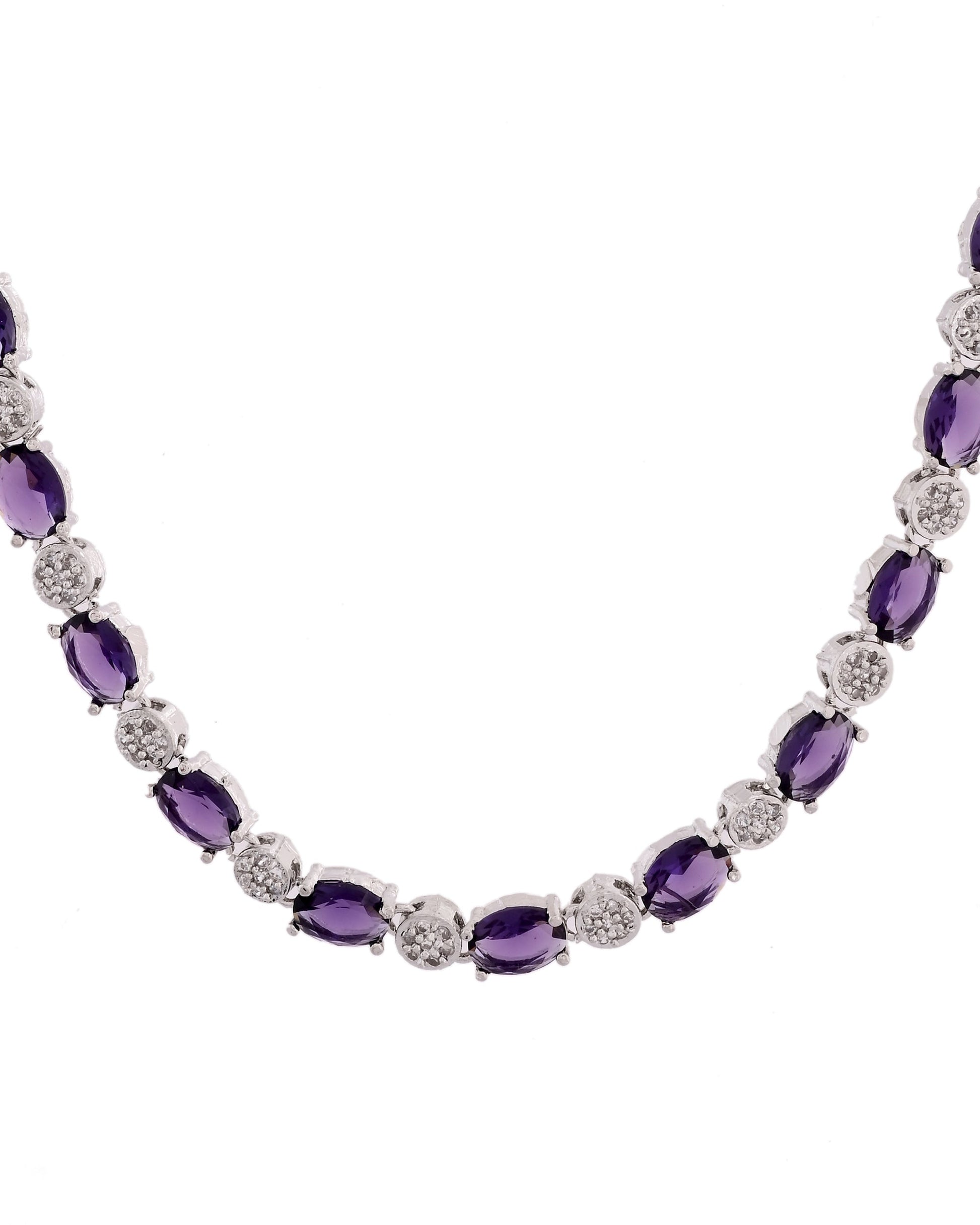VOJ Silver Plated Purple Stone Studded Necklace With Earrings, Ring And Bracelet Set 