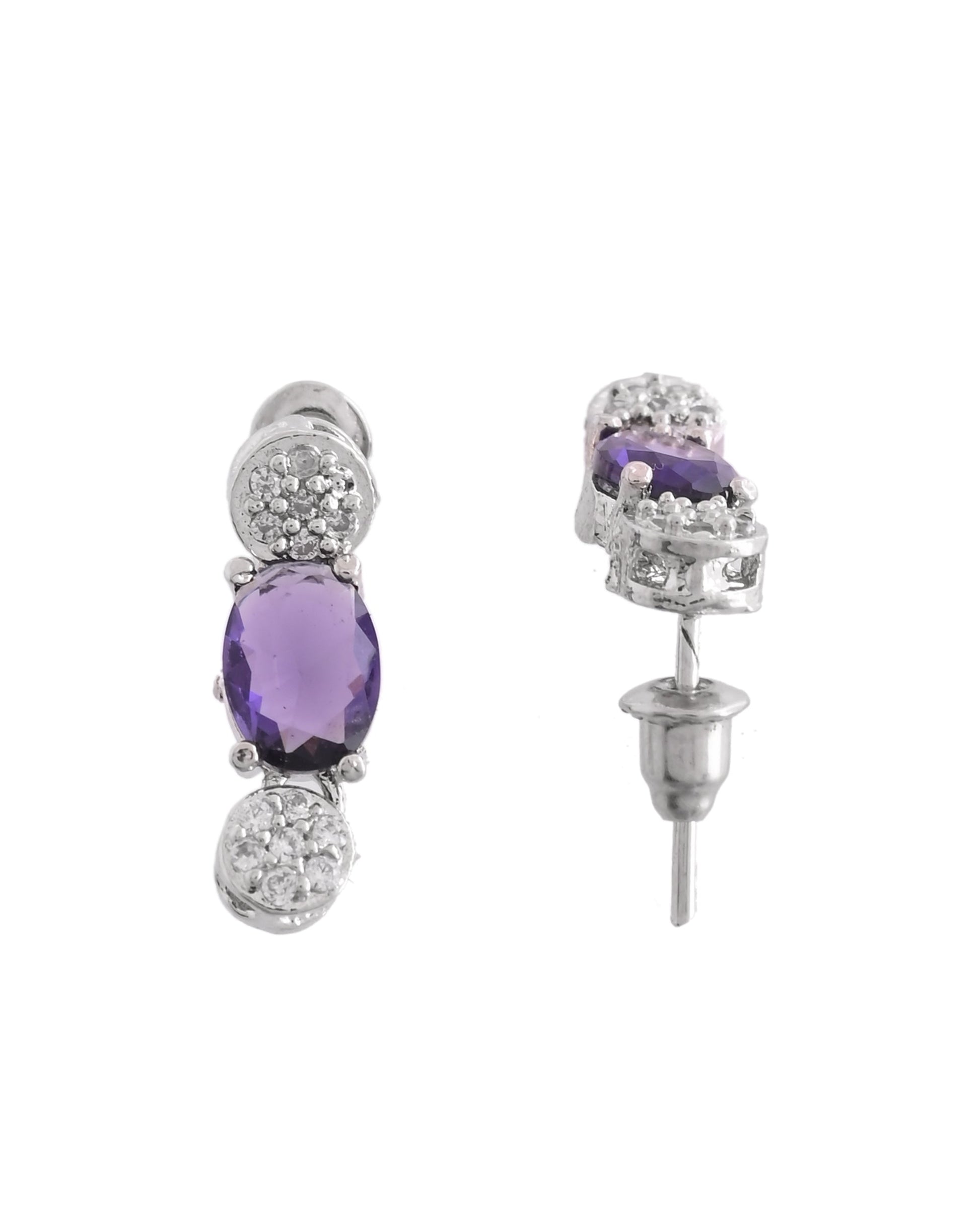 VOJ Silver Plated Purple Stone Studded Necklace With Earrings, Ring And Bracelet Set 