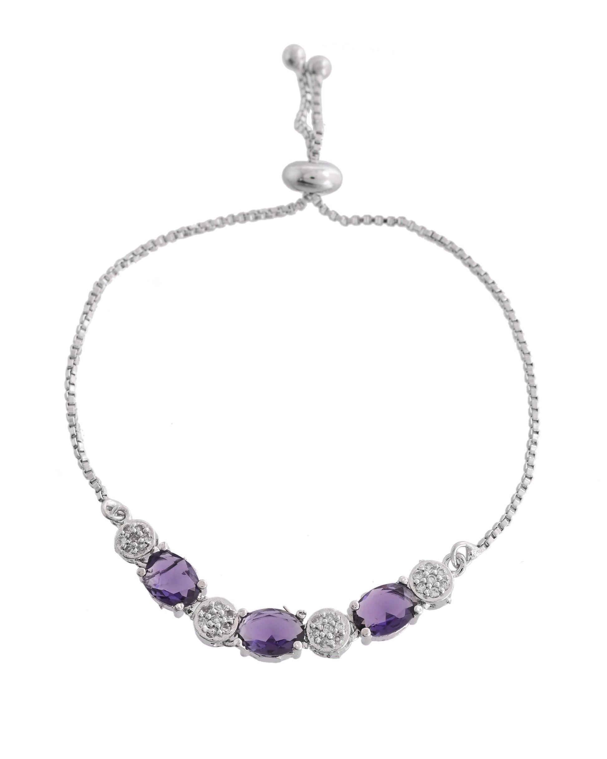 VOJ Silver Plated Purple Stone Studded Necklace With Earrings, Ring And Bracelet Set 