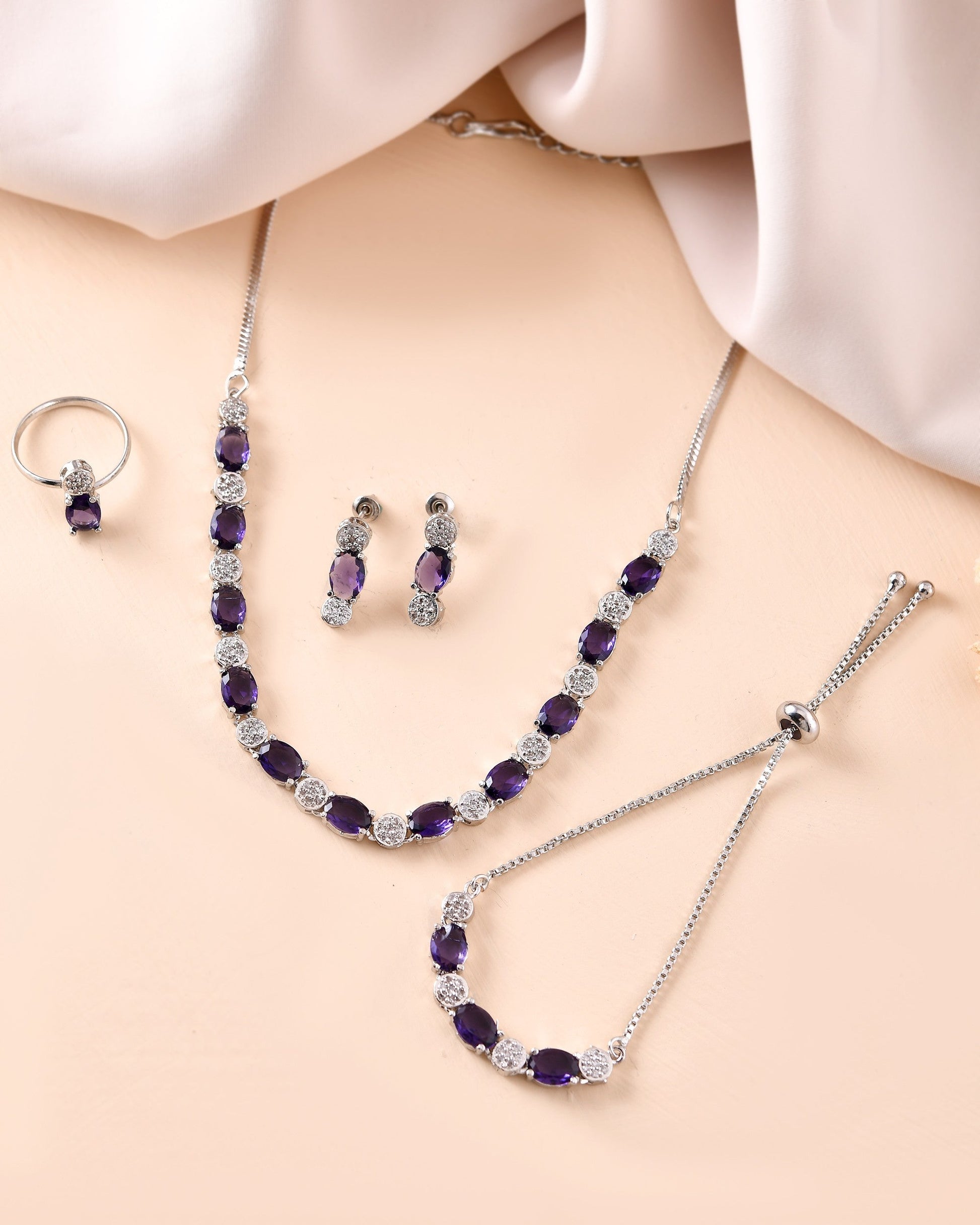 VOJ Silver Plated Purple Stone Studded Necklace With Earrings, Ring And Bracelet Set 