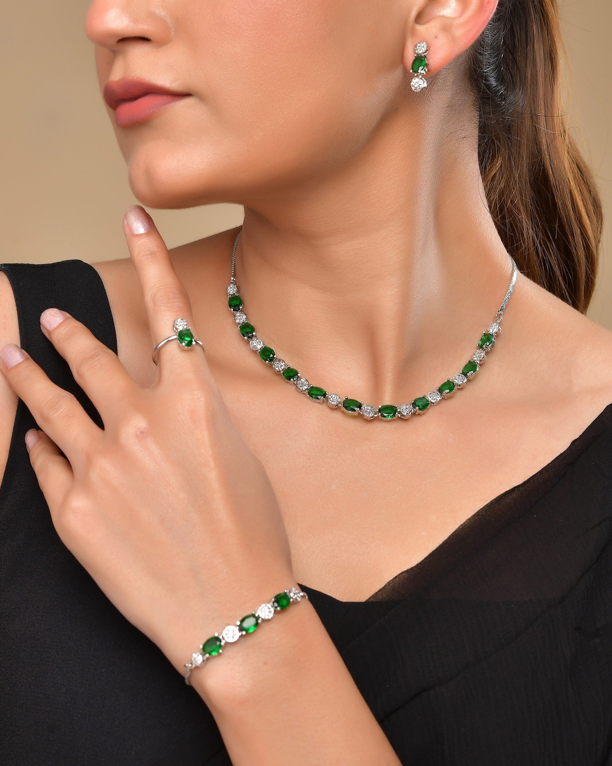 VOJ Silver Plated Green Stone Studded Necklace With Earrings, Ring And Bracelet Set 