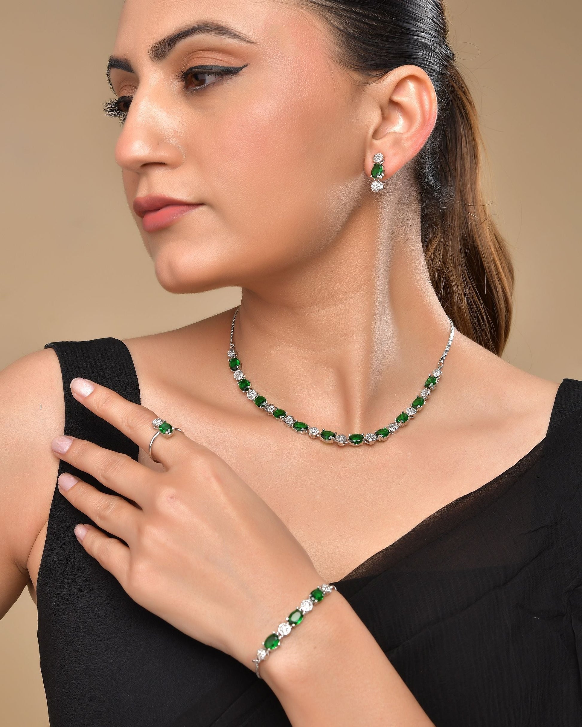 VOJ Silver Plated Green Stone Studded Necklace With Earrings, Ring And Bracelet Set 