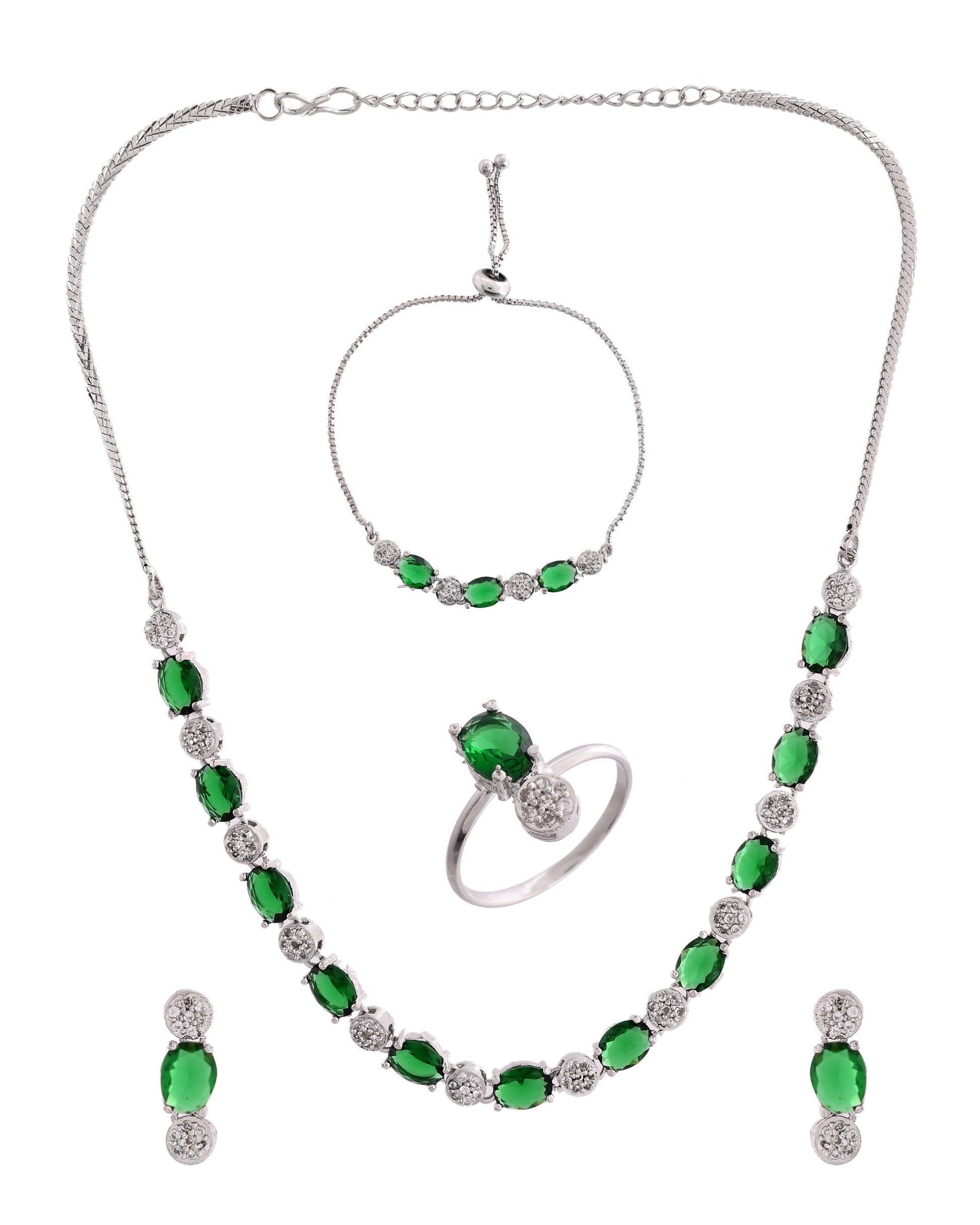 VOJ Silver Plated Green Stone Studded Necklace With Earrings, Ring And Bracelet Set 