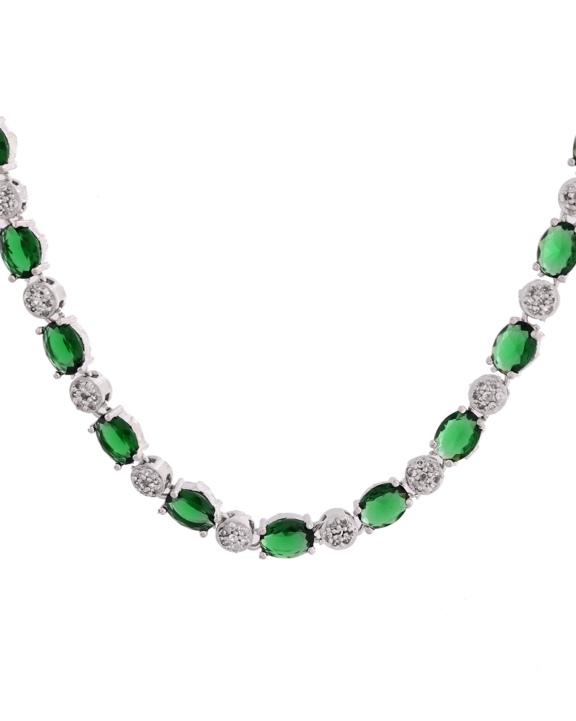 VOJ Silver Plated Green Stone Studded Necklace With Earrings, Ring And Bracelet Set 