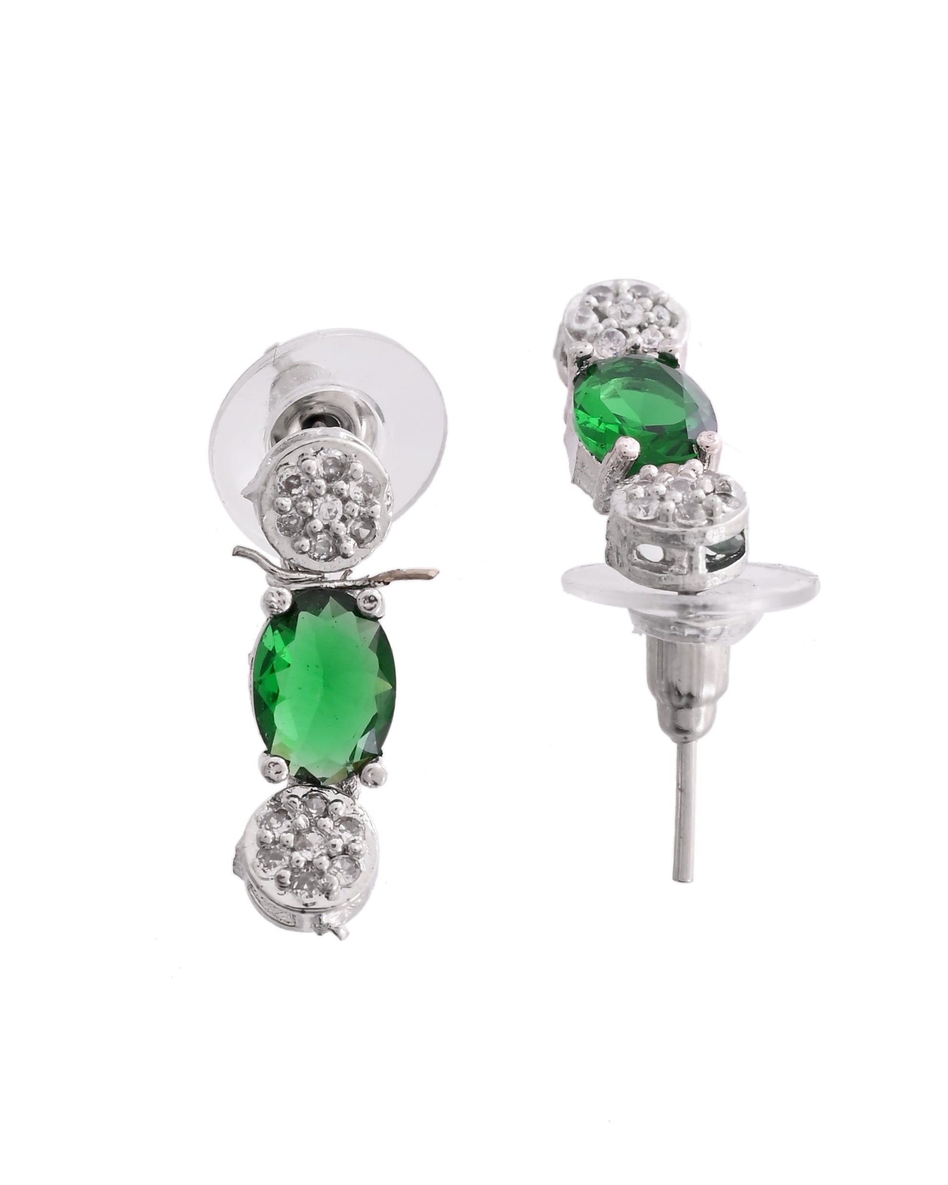 VOJ Silver Plated Green Stone Studded Necklace With Earrings, Ring And Bracelet Set 