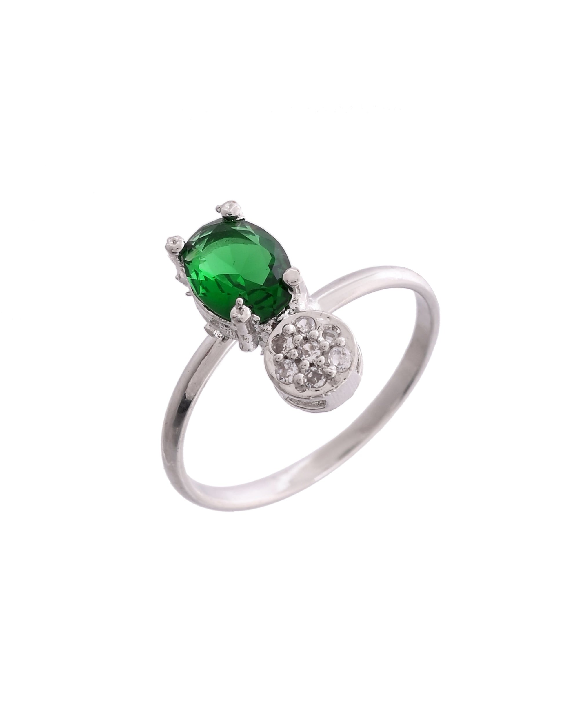 VOJ Silver Plated Green Stone Studded Necklace With Earrings, Ring And Bracelet Set 