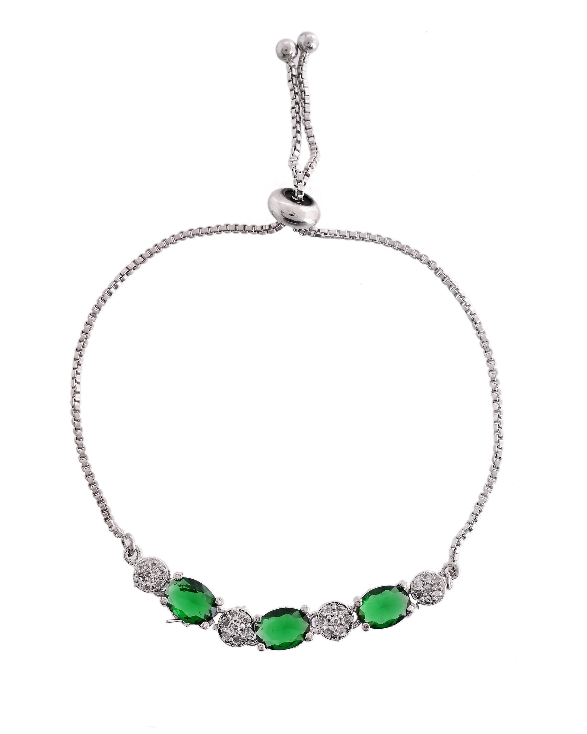 VOJ Silver Plated Green Stone Studded Necklace With Earrings, Ring And Bracelet Set 