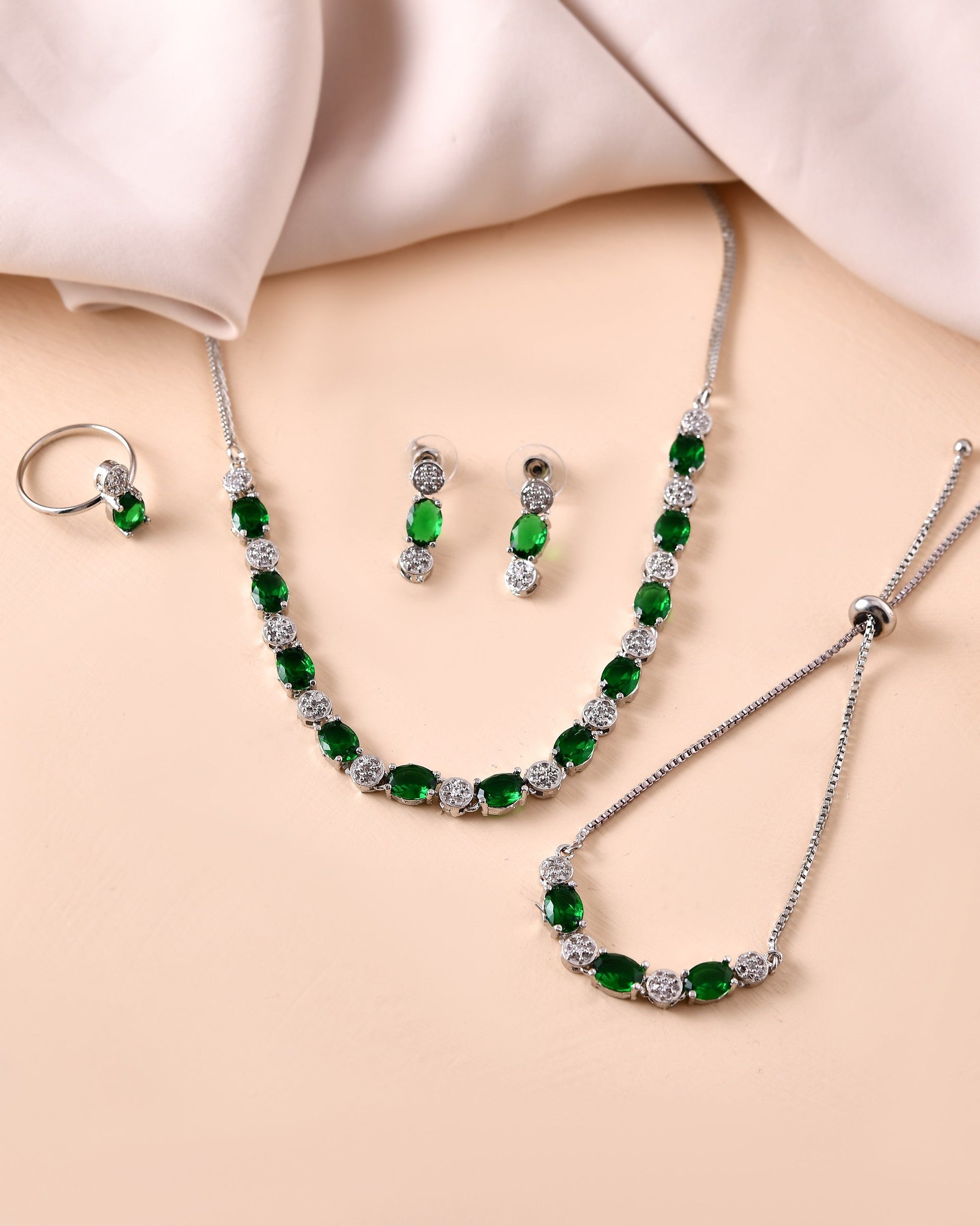 VOJ Silver Plated Green Stone Studded Necklace With Earrings, Ring And Bracelet Set 