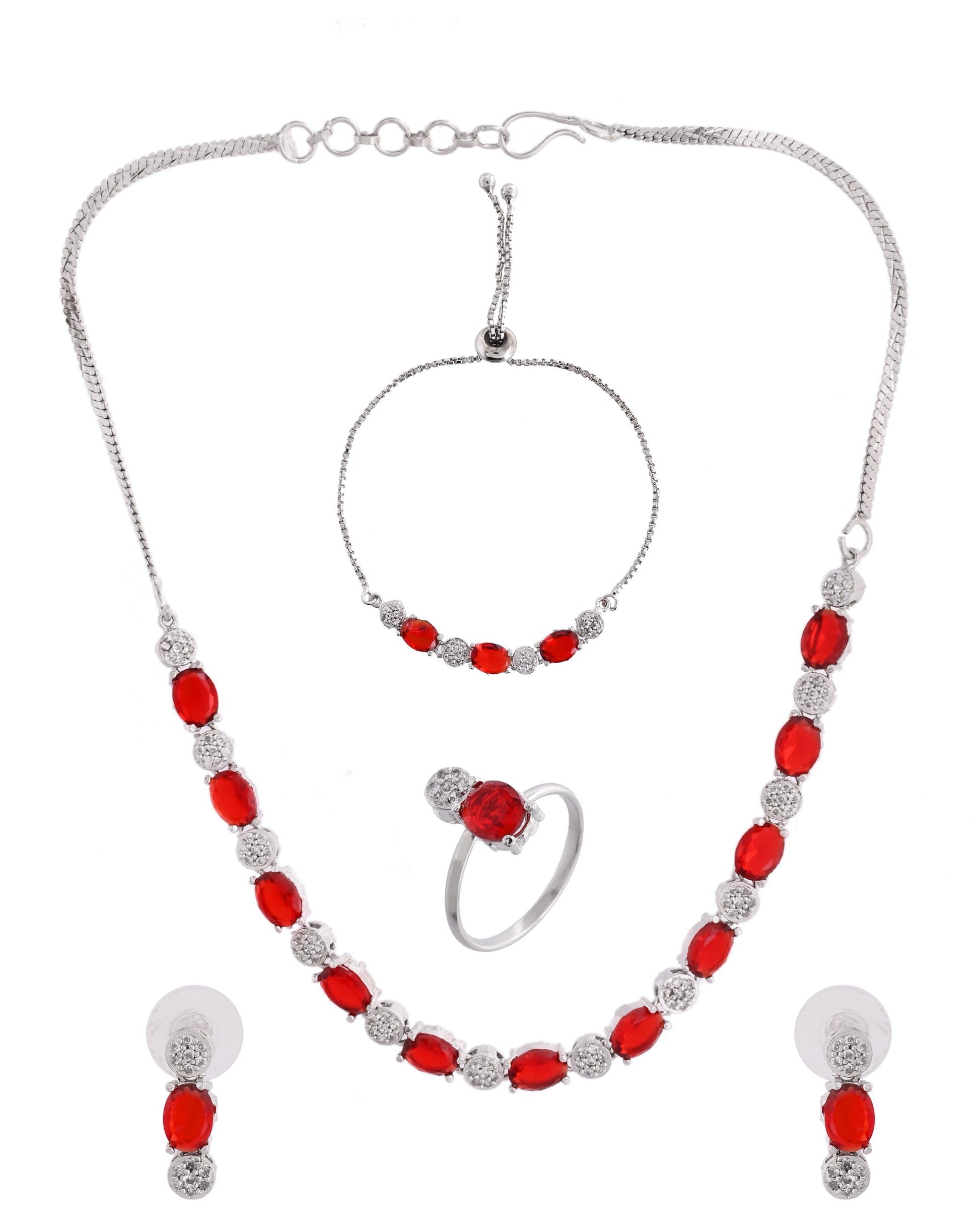 VOJ Silver Plated Red Stone Studded Necklace With Earrings, Ring And Bracelet Set 