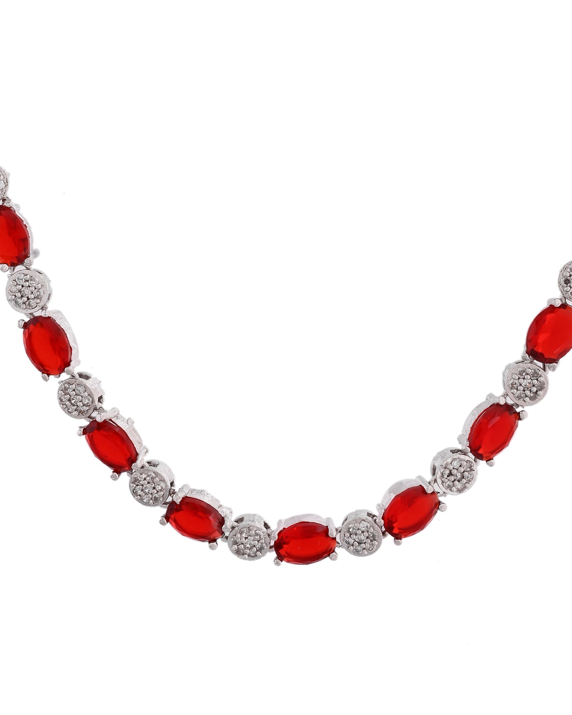 VOJ Silver Plated Red Stone Studded Necklace With Earrings, Ring And Bracelet Set 