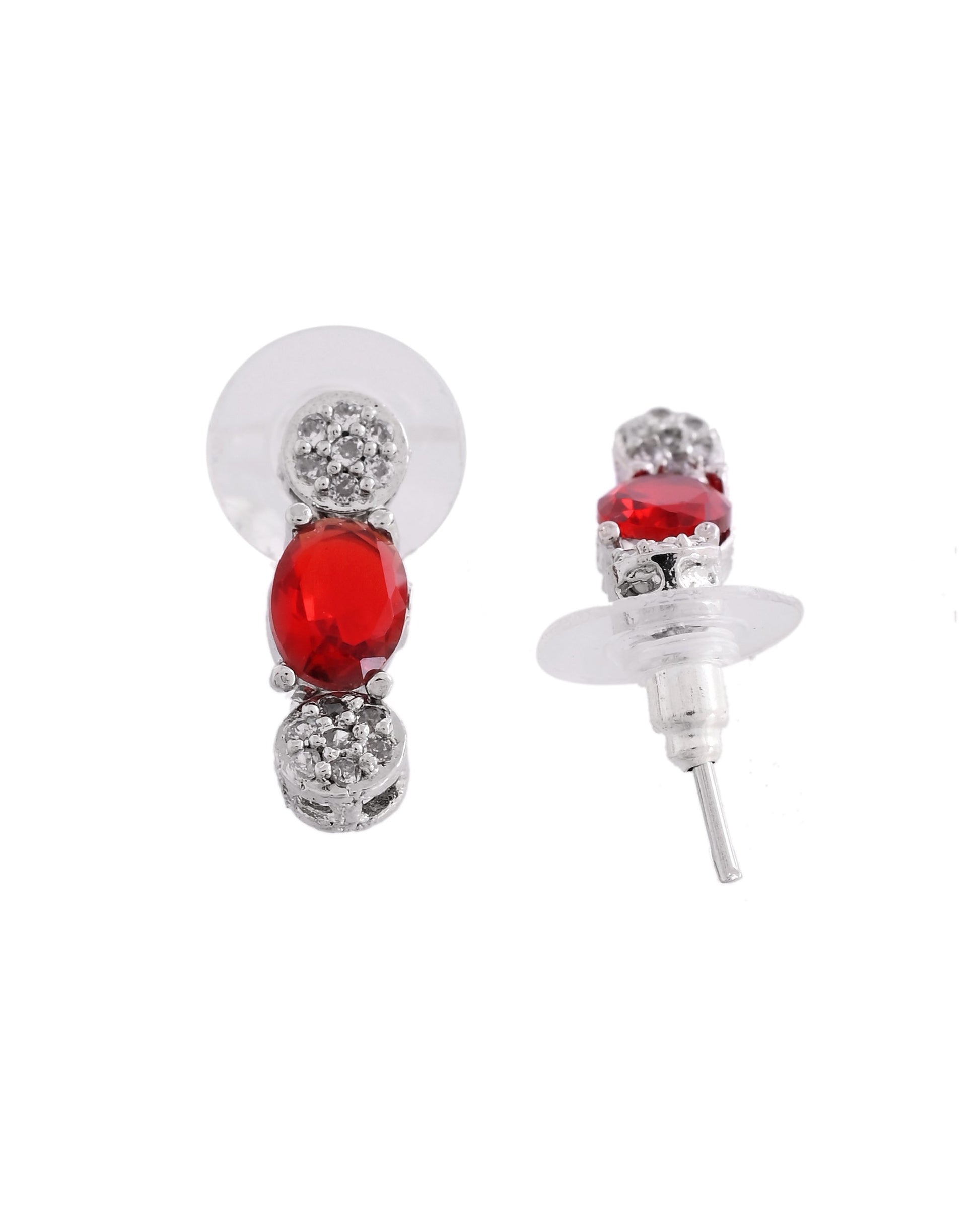 VOJ Silver Plated Red Stone Studded Necklace With Earrings, Ring And Bracelet Set 