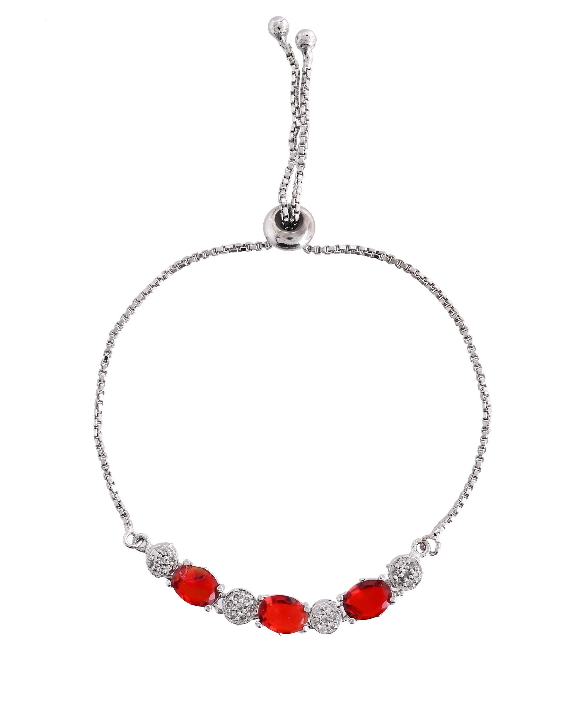 VOJ Silver Plated Red Stone Studded Necklace With Earrings, Ring And Bracelet Set 