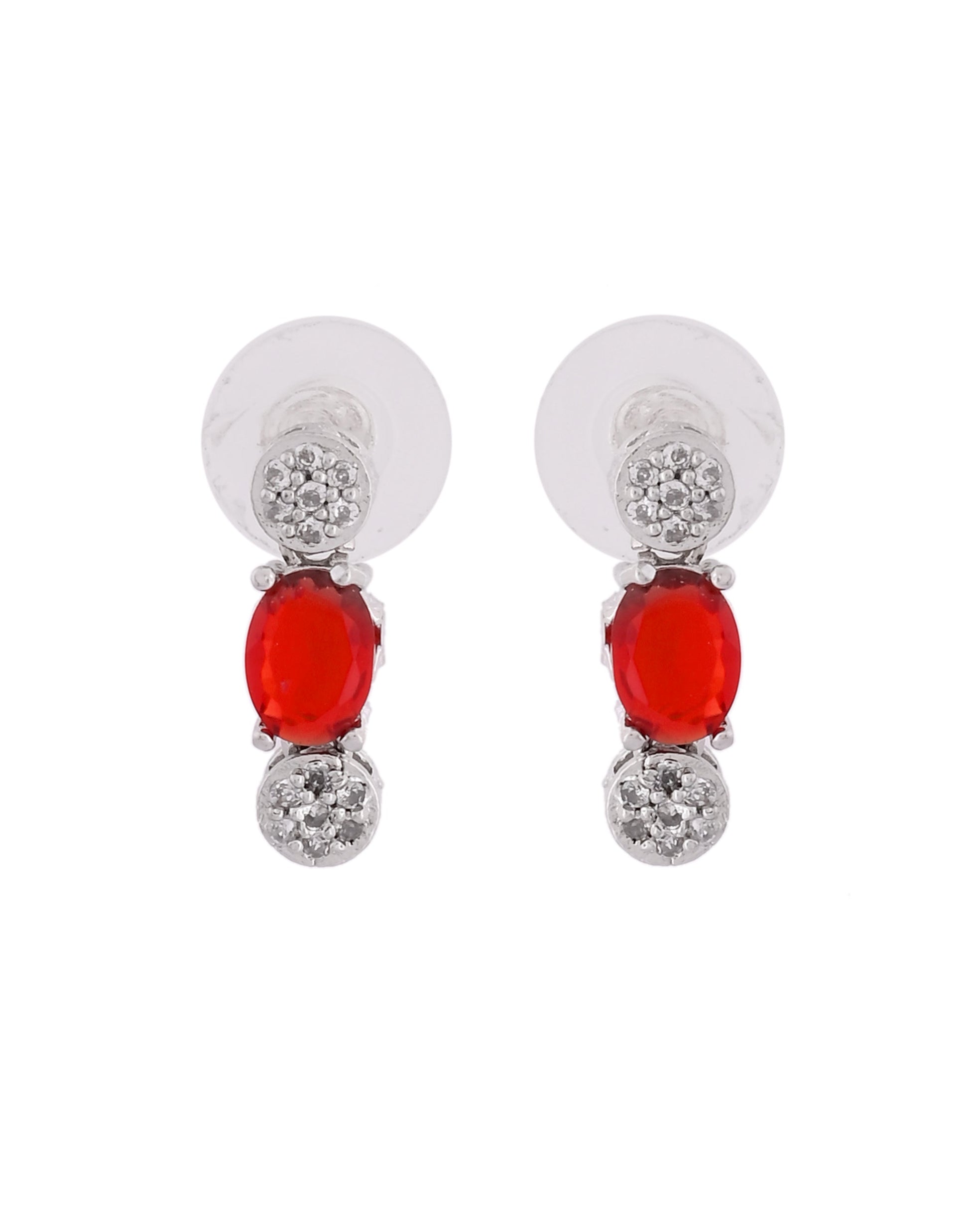 VOJ Silver Plated Red Stone Studded Necklace With Earrings, Ring And Bracelet Set 