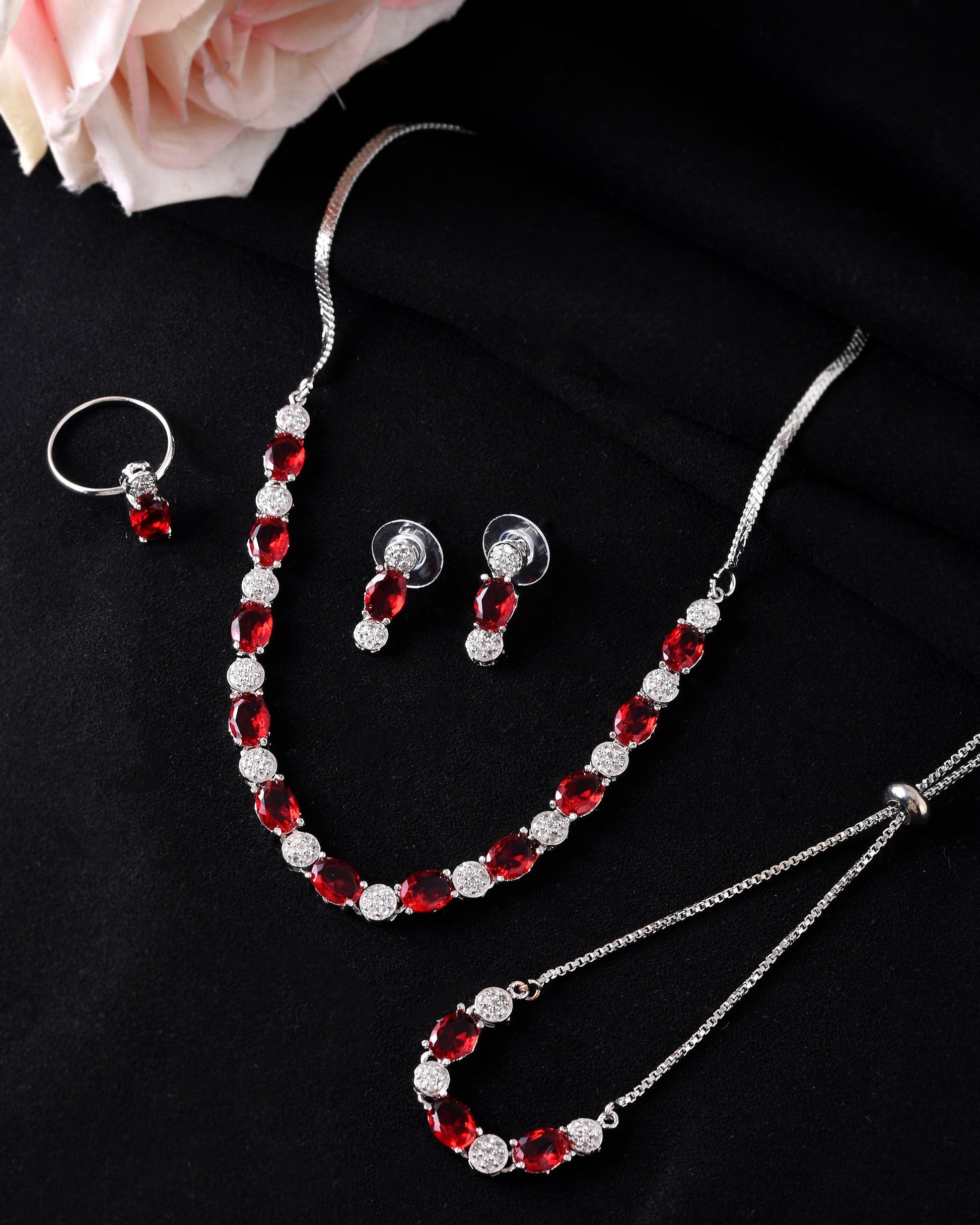 VOJ Silver Plated Red Stone Studded Necklace With Earrings, Ring And Bracelet Set 