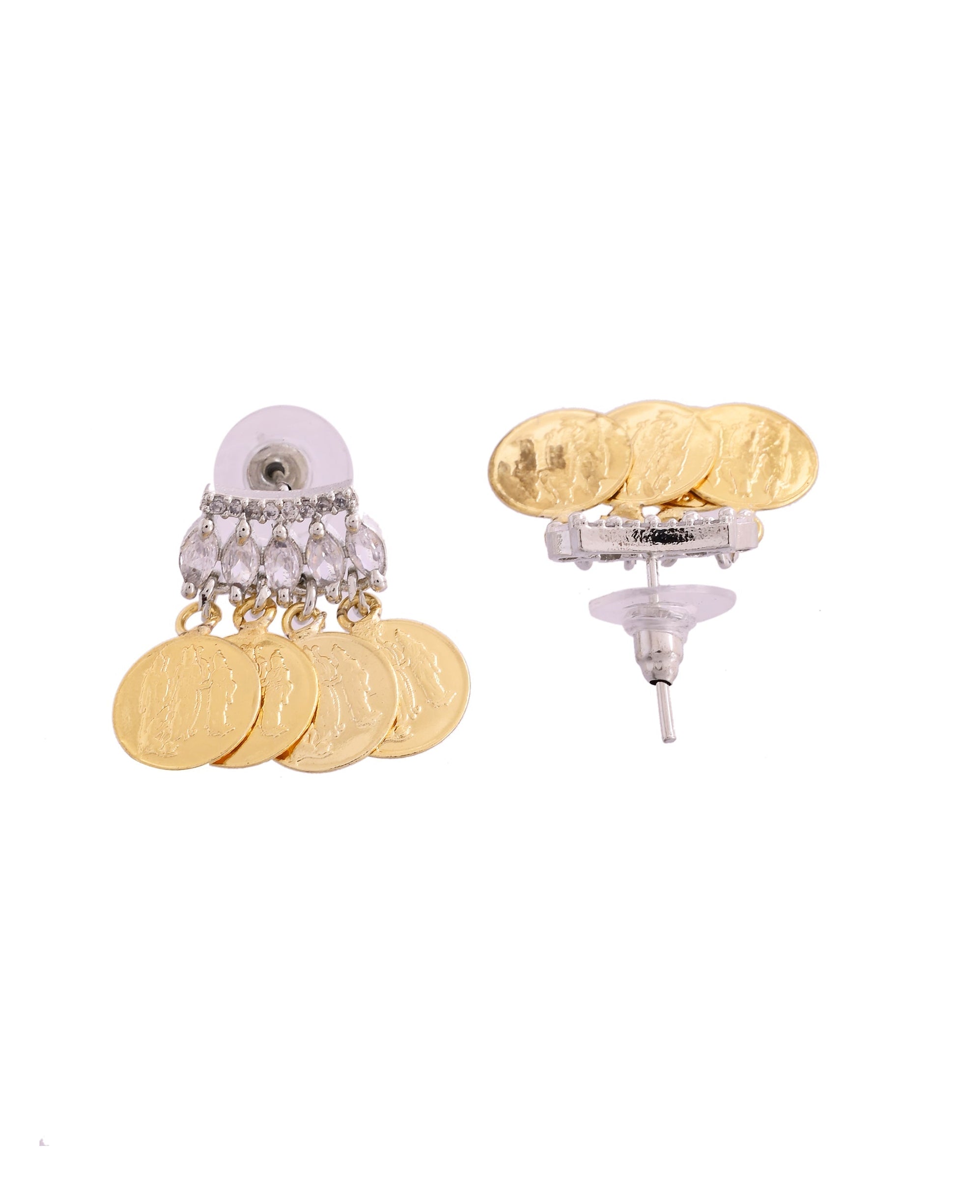 VOJ Gold Polished Small Coin & Stone Studded Studs Earrings 