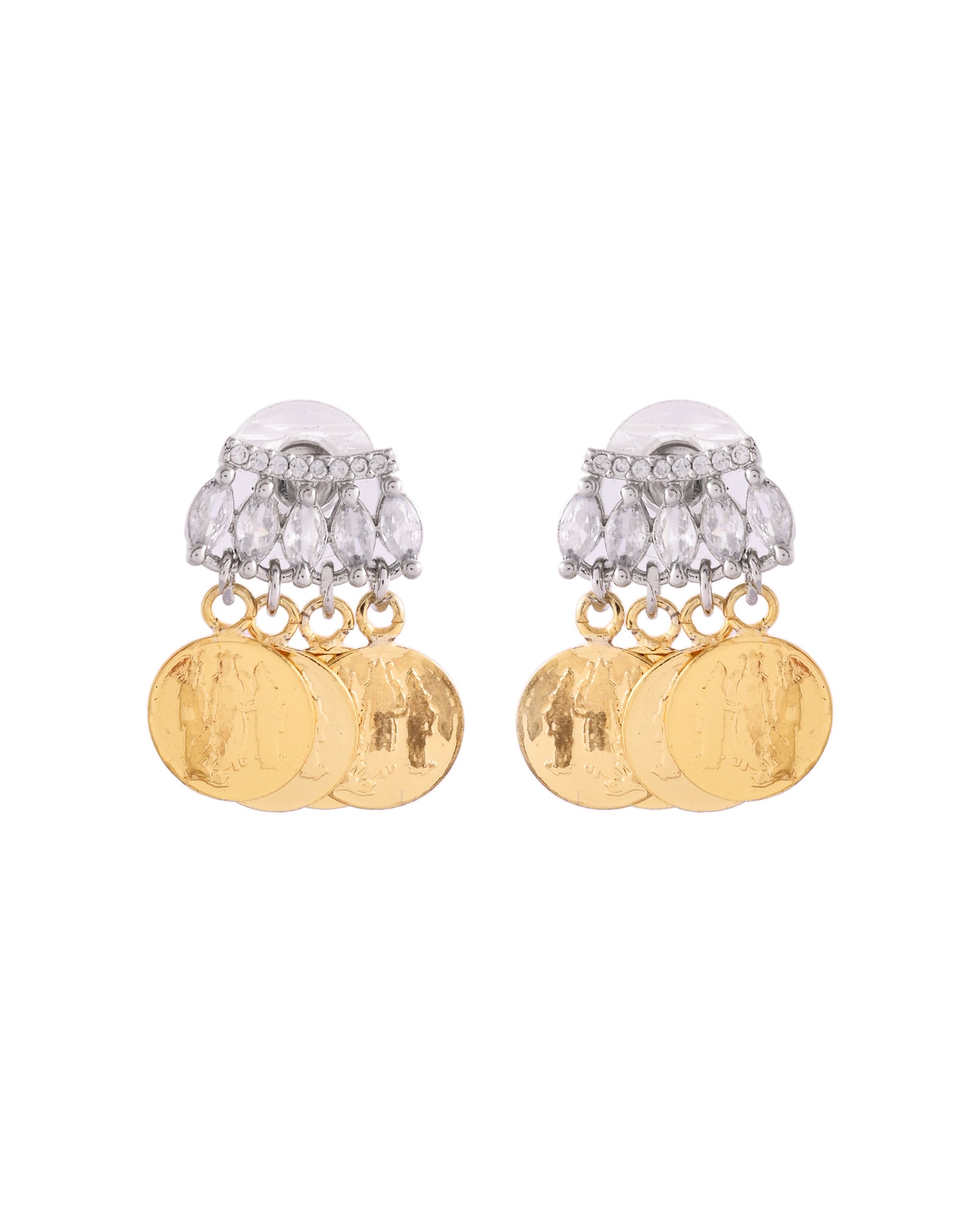 VOJ Gold Polished Small Coin & Stone Studded Studs Earrings 