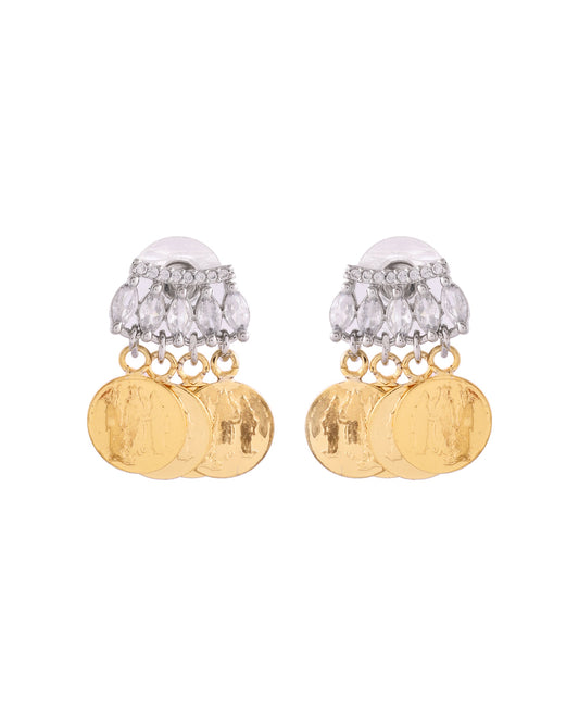 VOJ Gold Polished Small Coin & Stone Studded Studs Earrings 