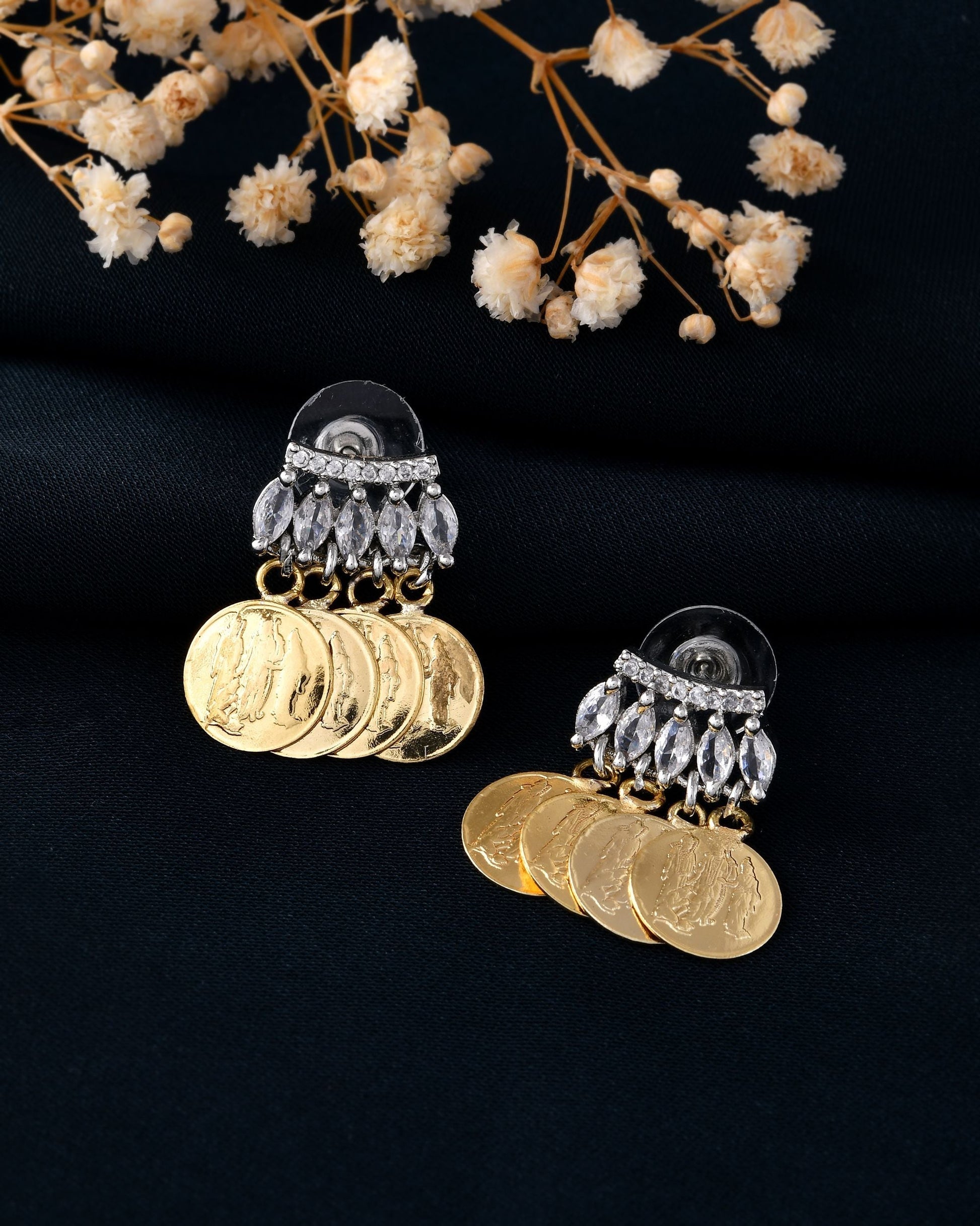 VOJ Gold Polished Small Coin & Stone Studded Studs Earrings 
