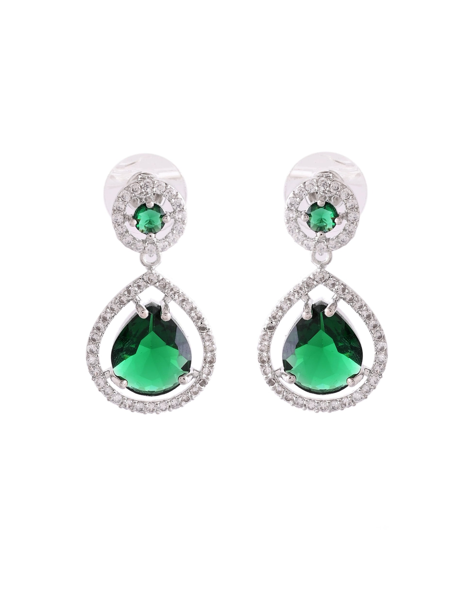 VOJ Silver Plated Green Stone Studded Teardrop Shaped Earrings 