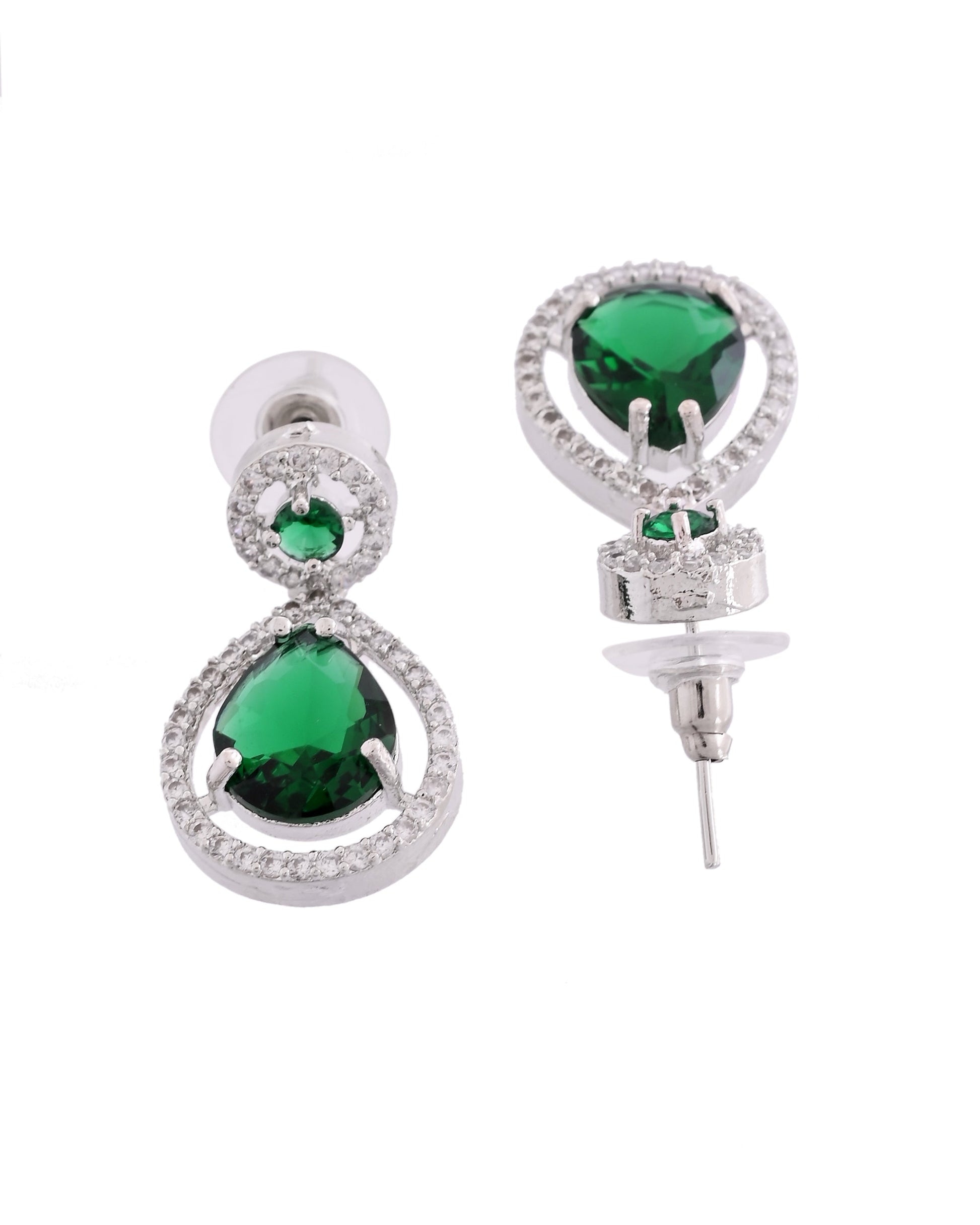 VOJ Silver Plated Green Stone Studded Teardrop Shaped Earrings 