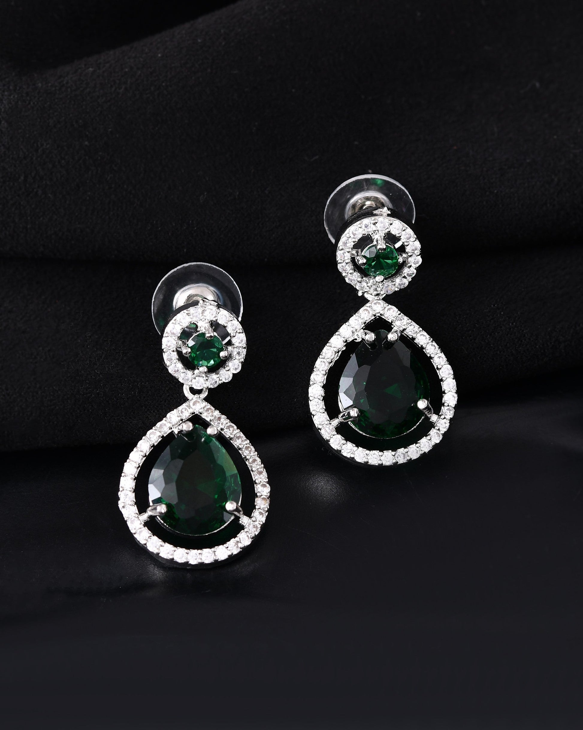 VOJ Silver Plated Green Stone Studded Teardrop Shaped Earrings 